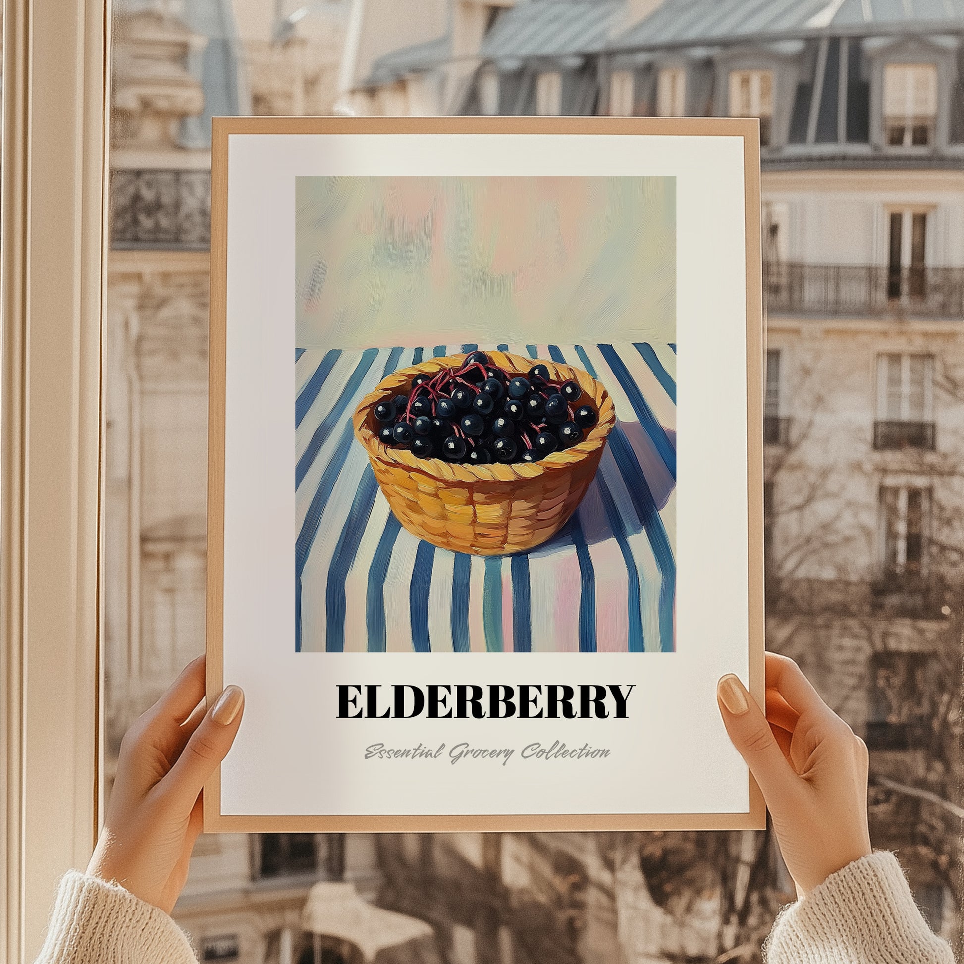 Elderberry – on Striped Tablecloth, Berries Illustration, styled in a charming Paris street view