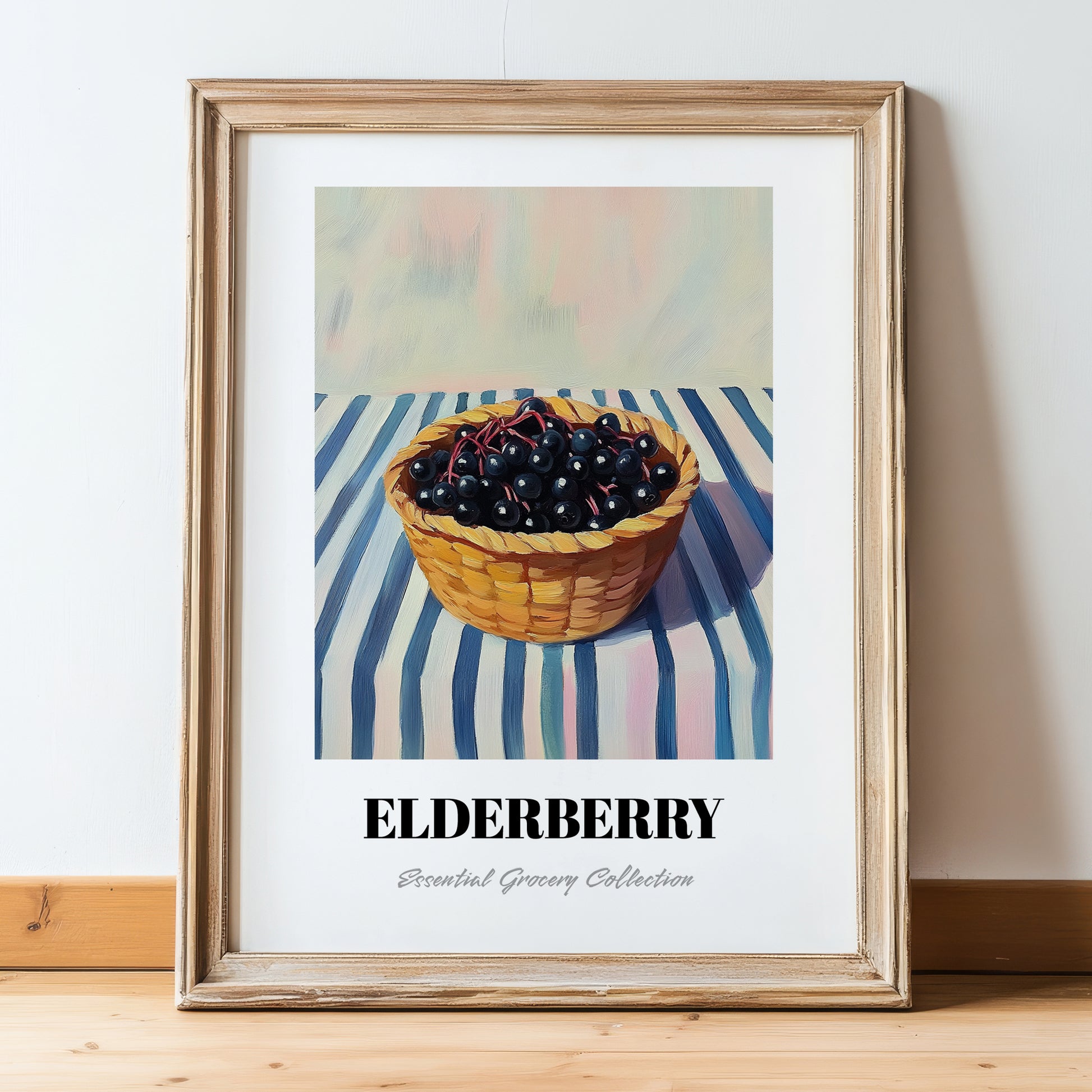 Elderberry – on Striped Tablecloth, Berries Illustration, in wooden frame leaning on the floor