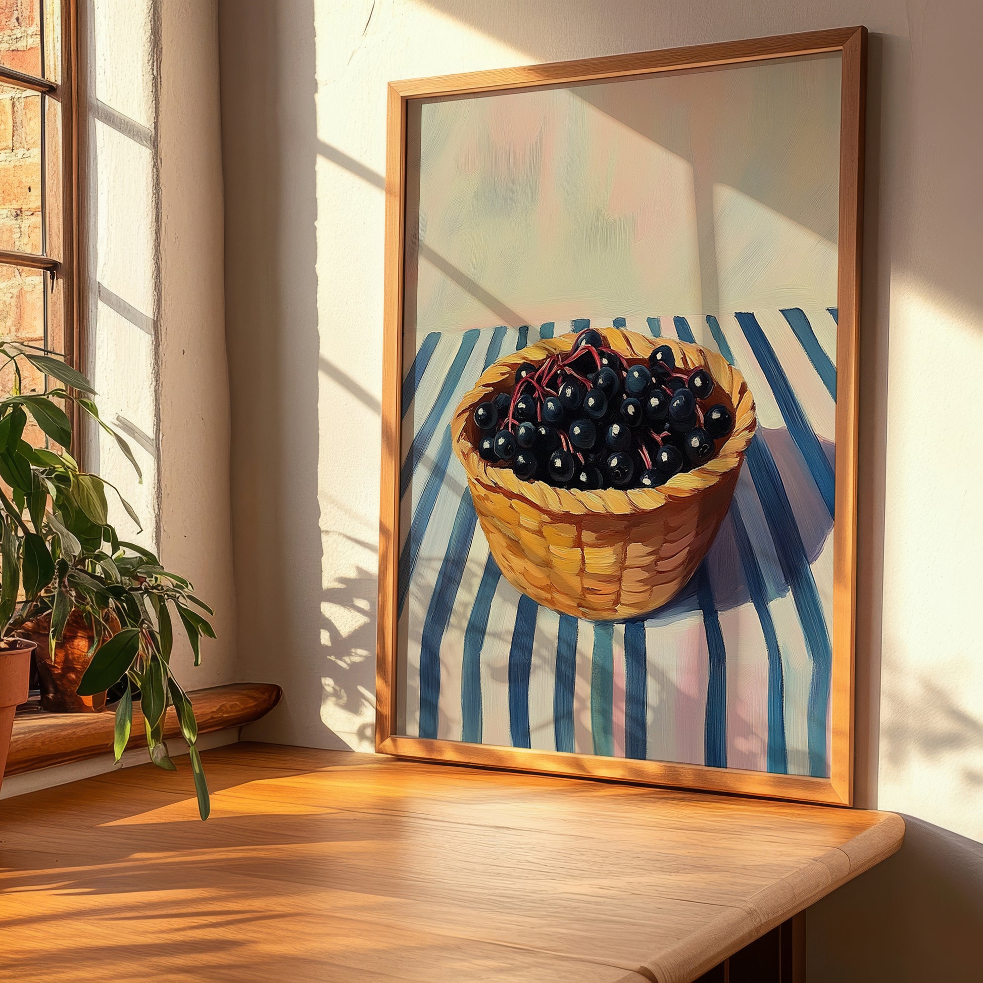 Elderberry – on Striped Tablecloth, Berries Illustration, clean layout with no caption