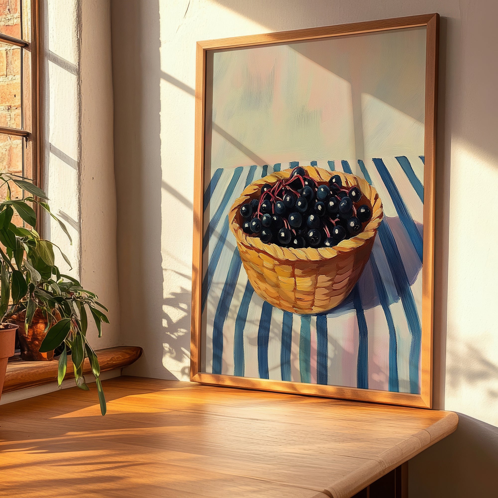 Elderberry – on Striped Tablecloth, Berries Illustration, clean layout with no caption