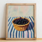 Elderberry – on Striped Tablecloth, Berries Illustration, no-text version framed in wood