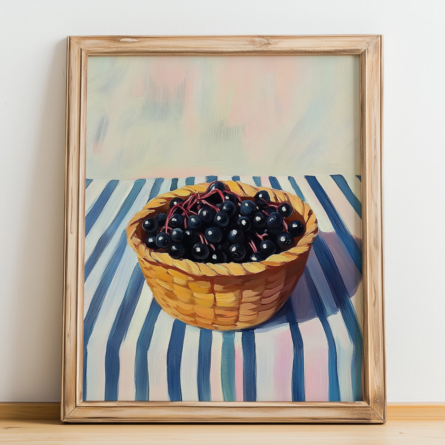 Elderberry – on Striped Tablecloth, Berries Illustration, no-text version framed in wood