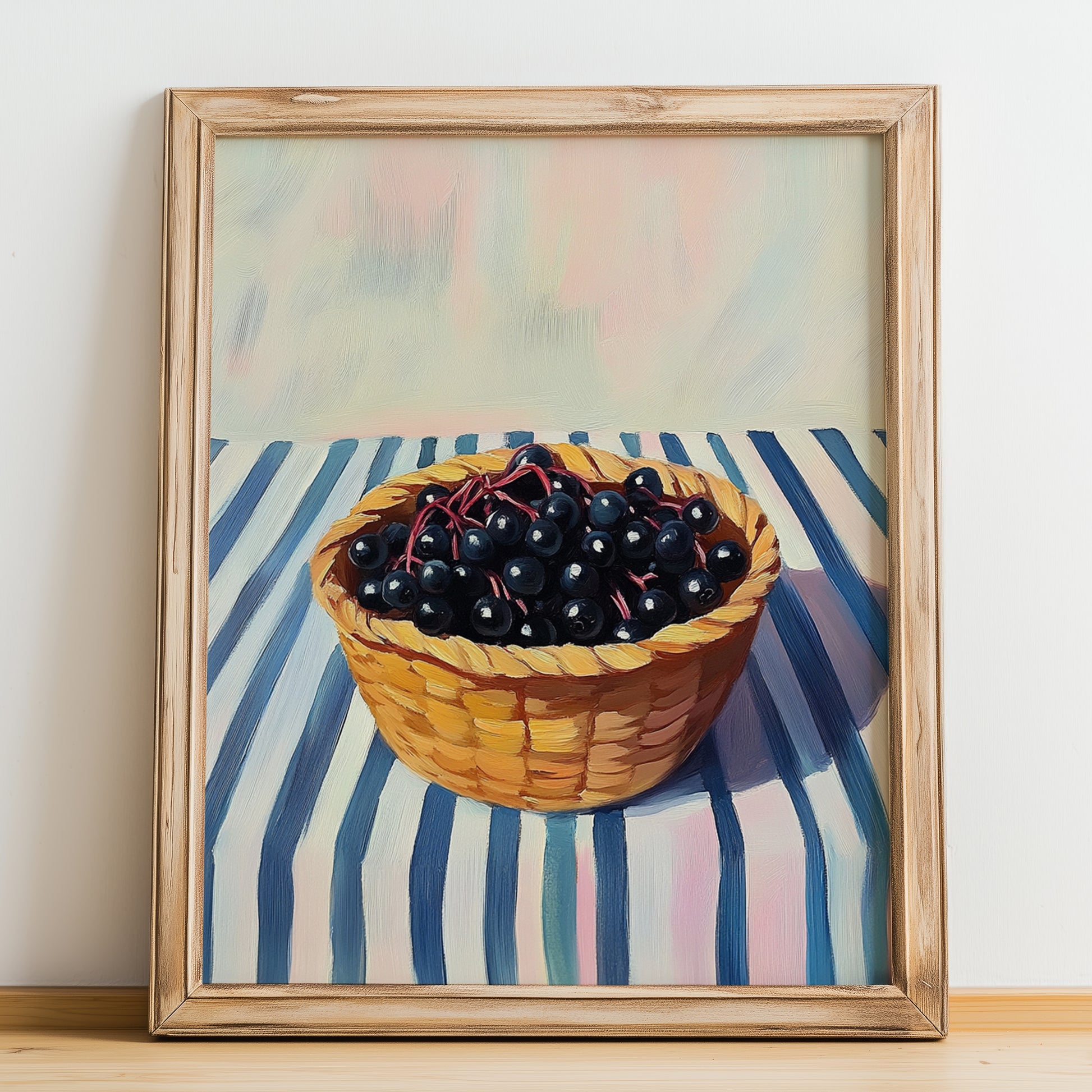 Elderberry – on Striped Tablecloth, Berries Illustration, no-text version framed in wood