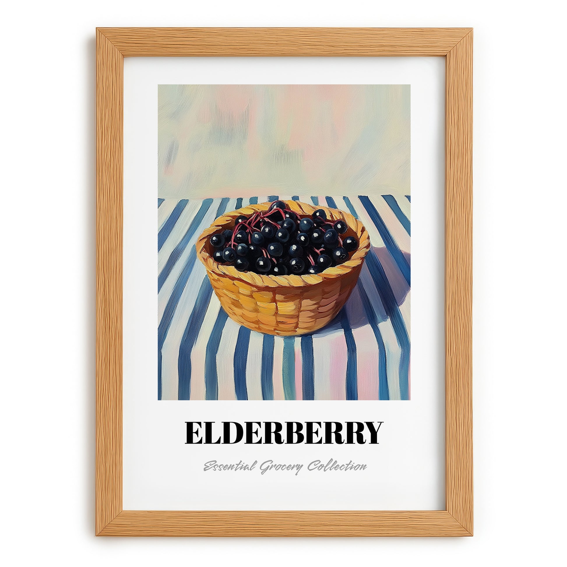 Elderberry – on Striped Tablecloth, Berries Illustration, set in oak frame