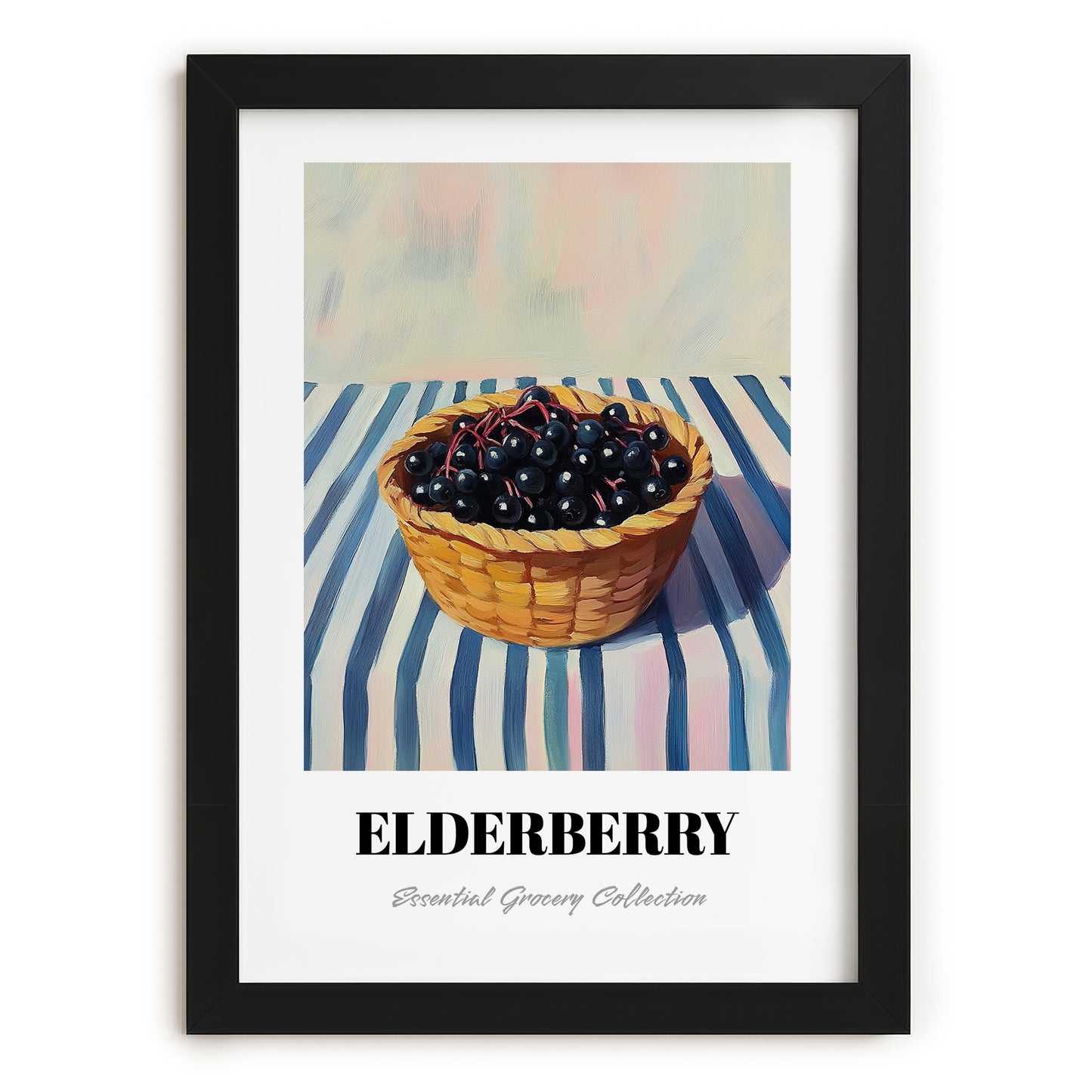 Elderberry – on Striped Tablecloth, Berries Illustration, in sleek black frame