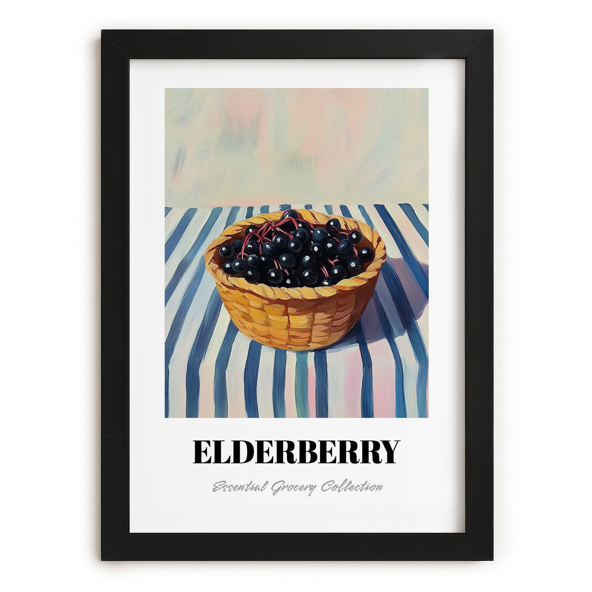 Elderberry – on Striped Tablecloth, Berries Illustration, in sleek black frame