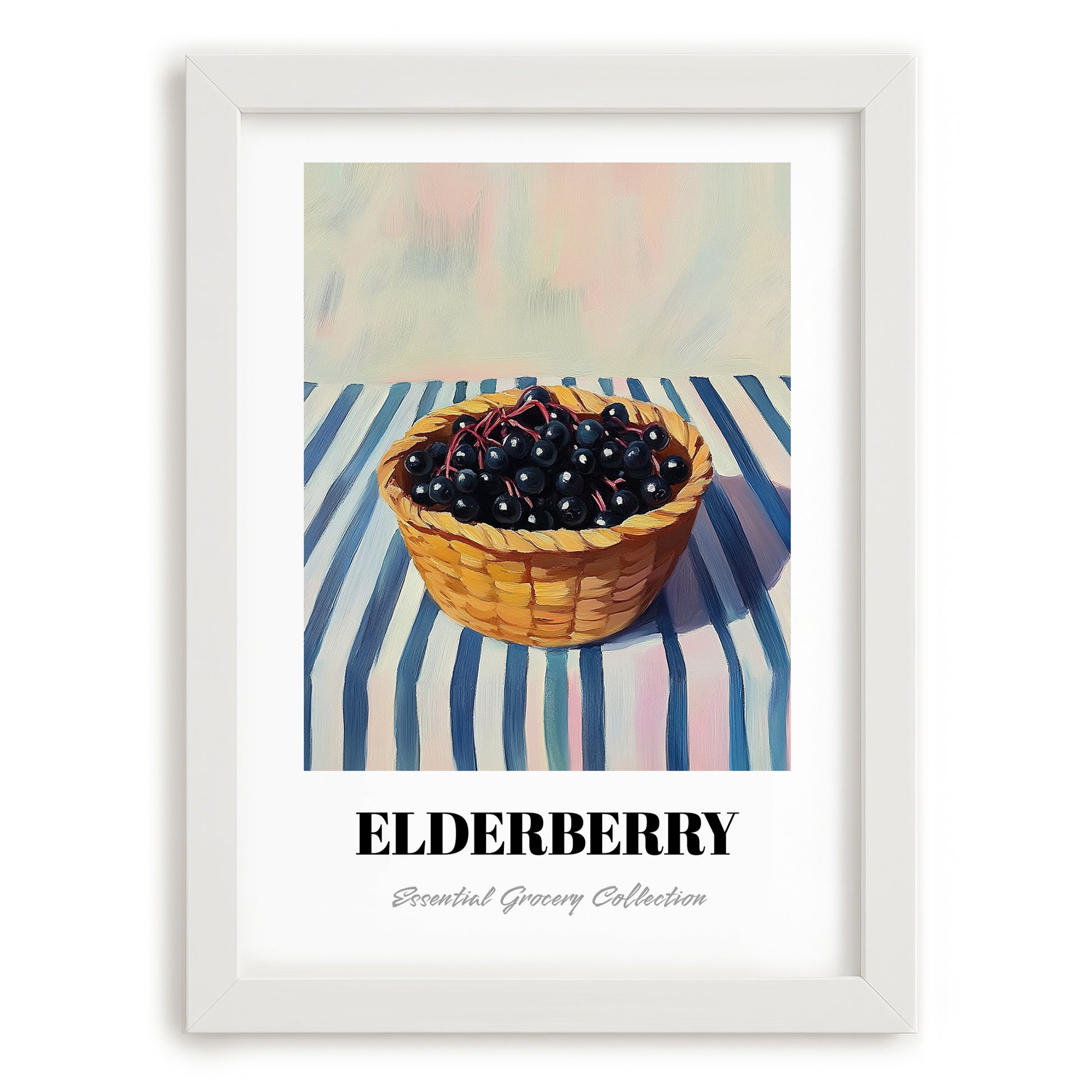 Elderberry – on Striped Tablecloth, Berries Illustration, placed in minimal white frame