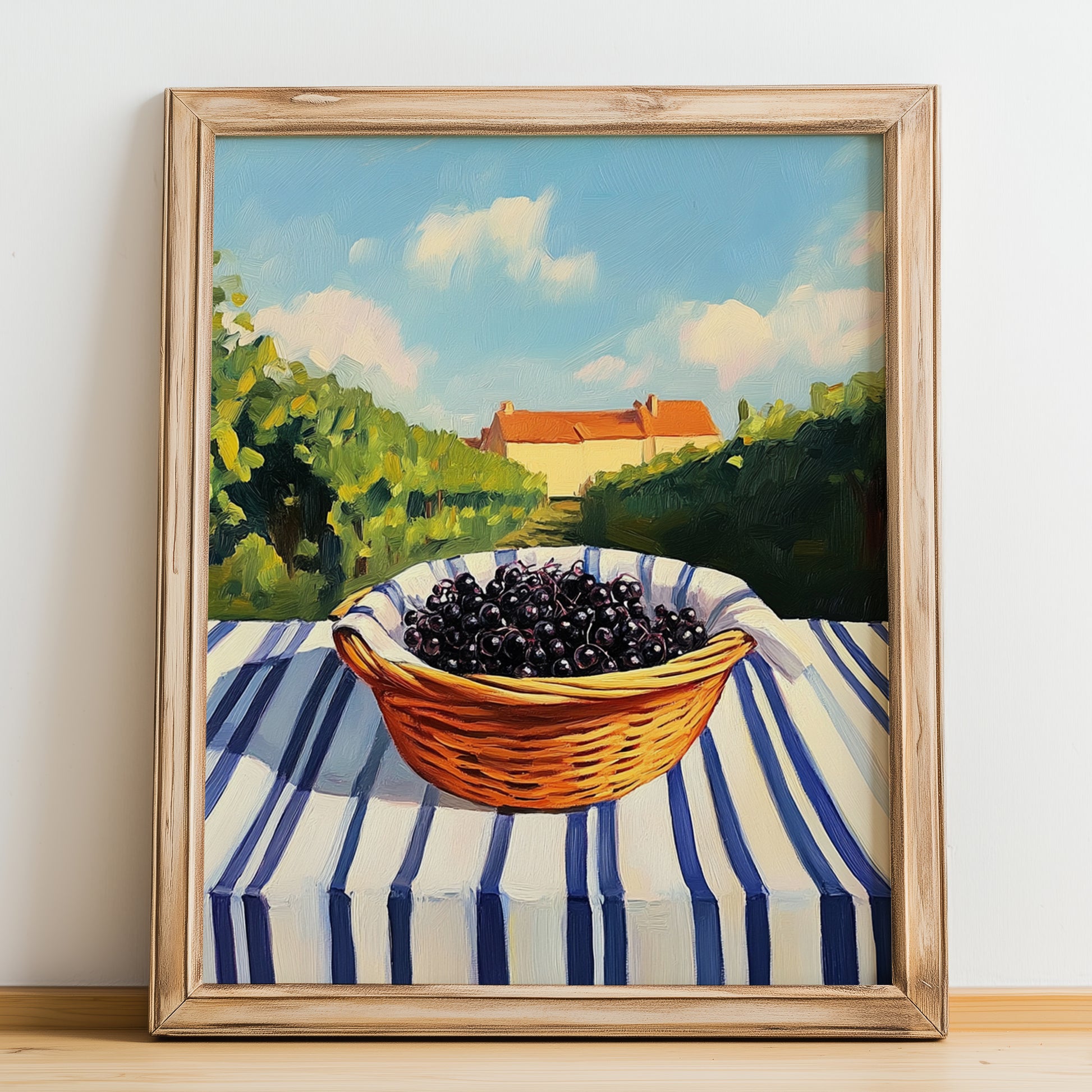 Elderberry – Green Valley Landscape, Berries Still Life, no-text version framed in wood