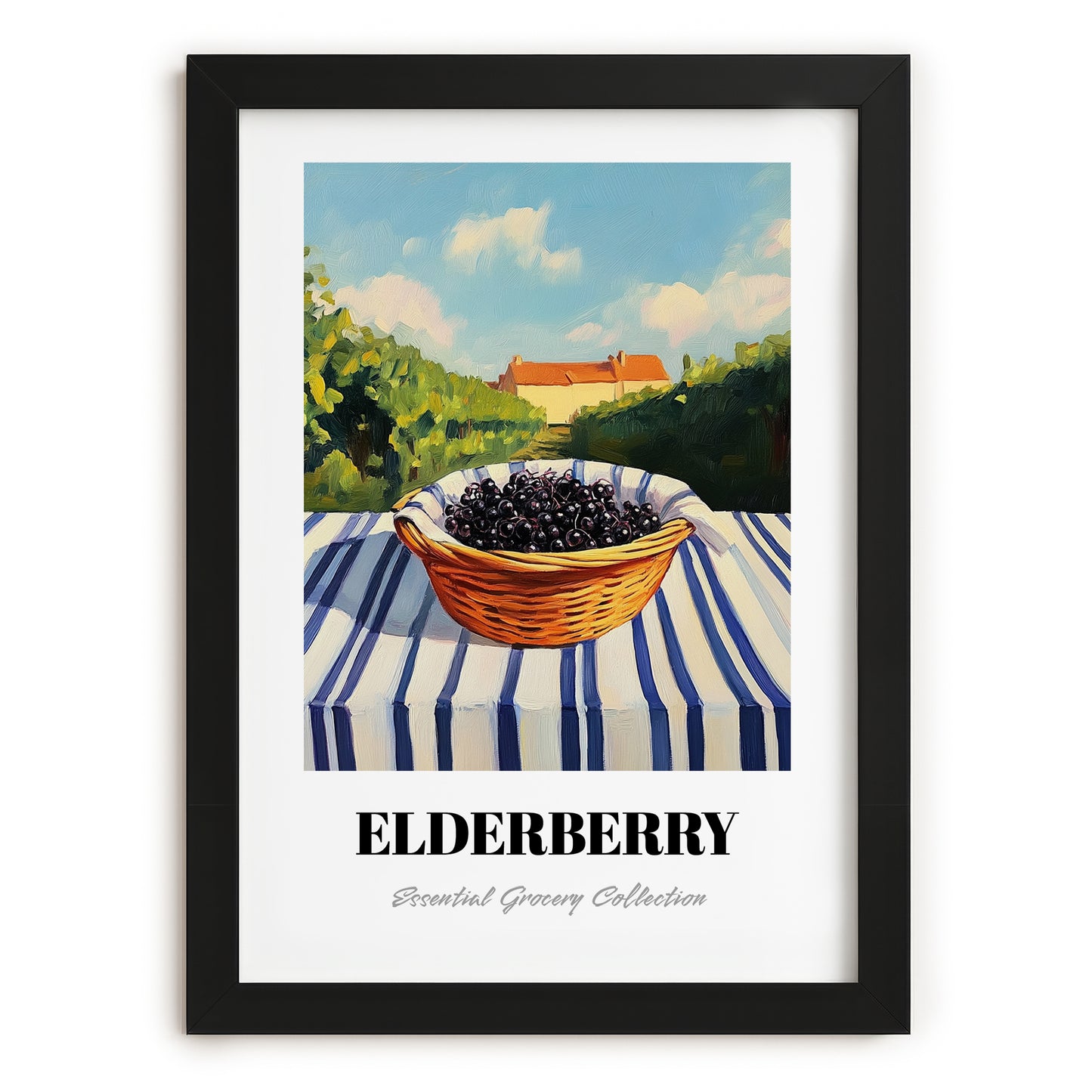 Elderberry – Green Valley Landscape, Berries Still Life, in sleek black frame