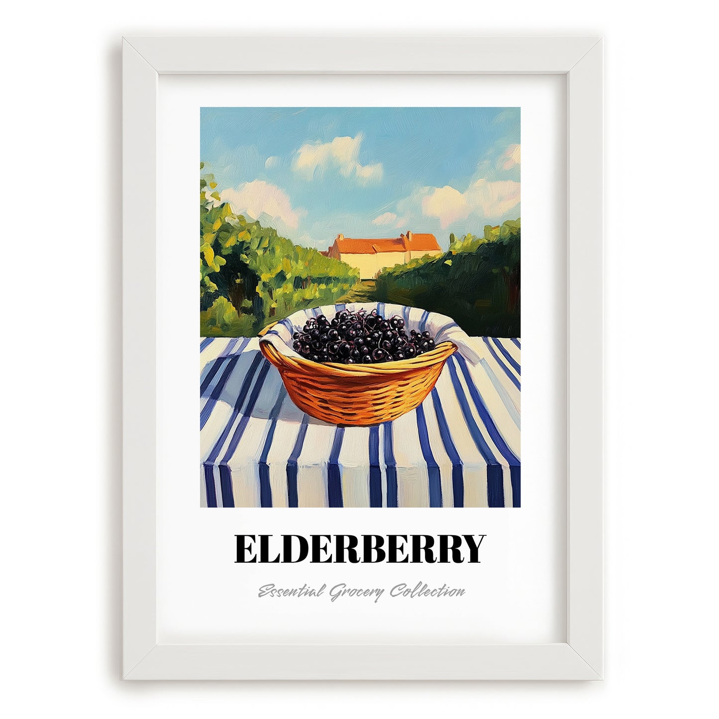Elderberry – Green Valley Landscape, Berries Still Life, placed in minimal white frame