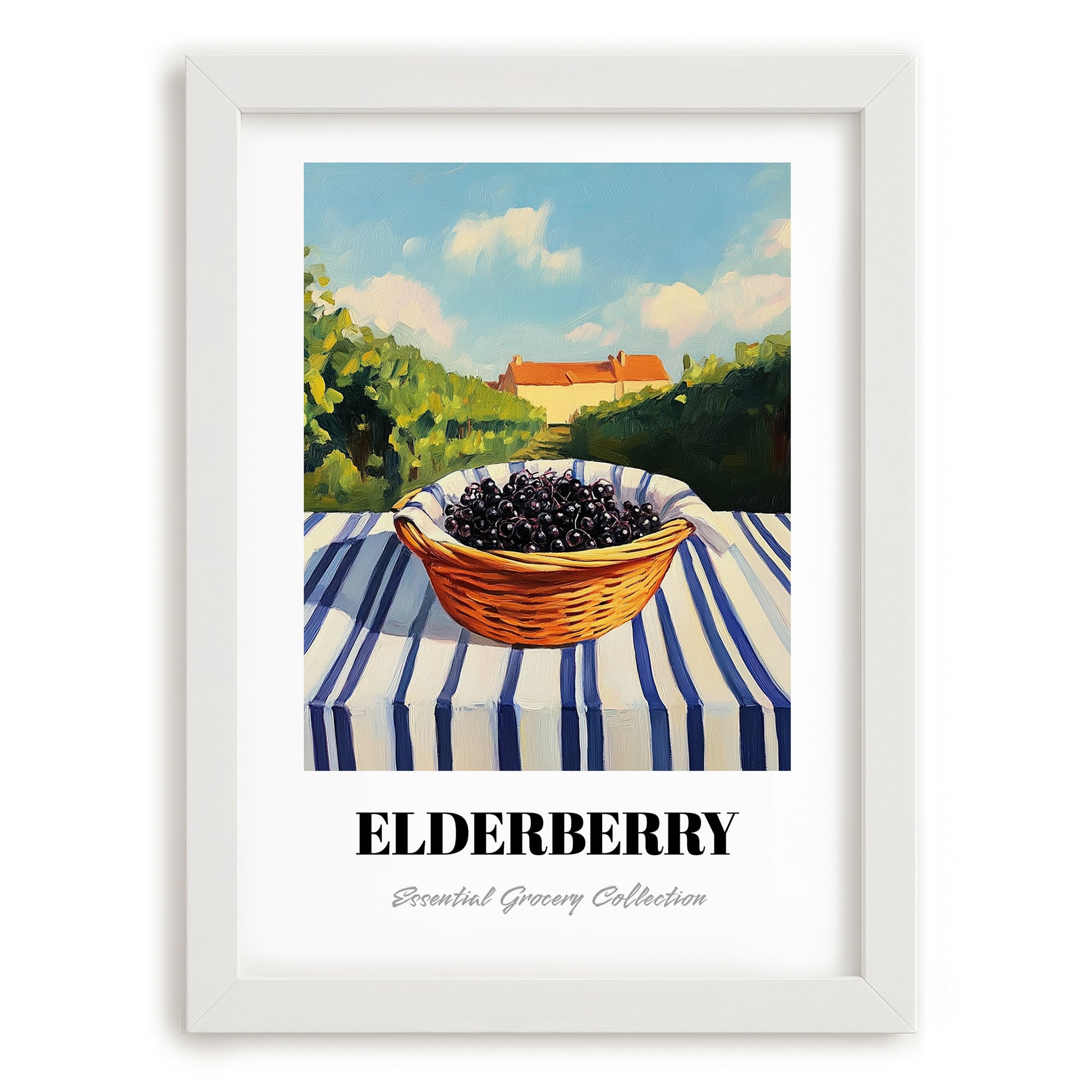 Elderberry – Green Valley Landscape, Berries Still Life, placed in minimal white frame