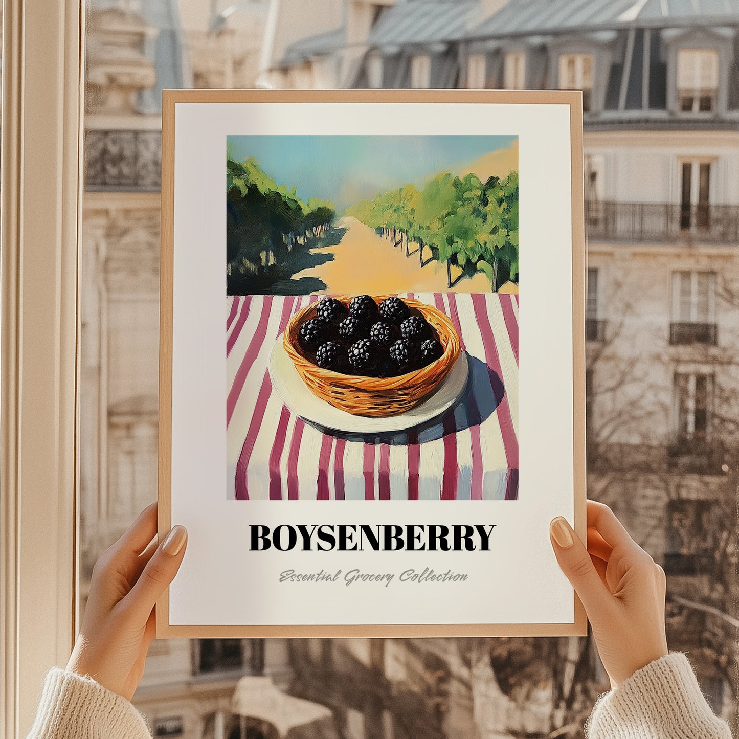 Boysenberry – Green Valley Landscape, Berries Poster, styled in a charming Paris street view