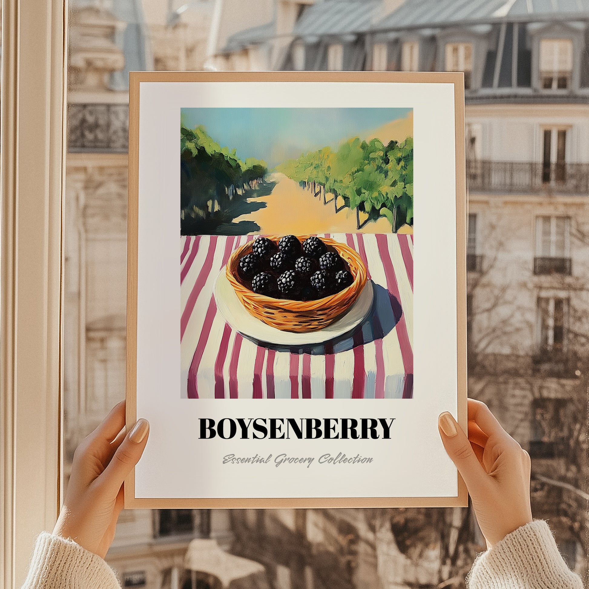 Boysenberry – Green Valley Landscape, Berries Poster, styled in a charming Paris street view