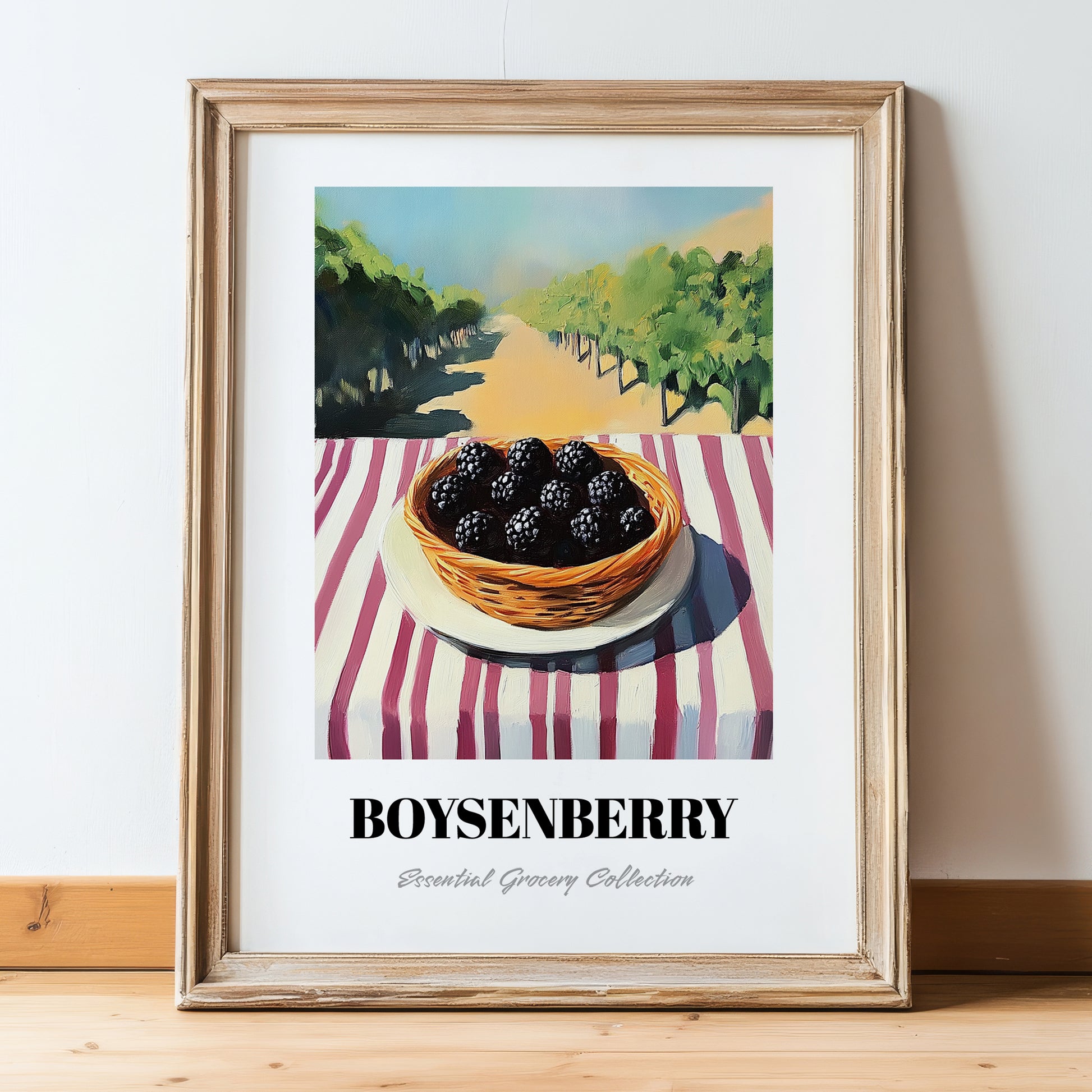 Boysenberry – Green Valley Landscape, Berries Poster, in wooden frame leaning on the floor