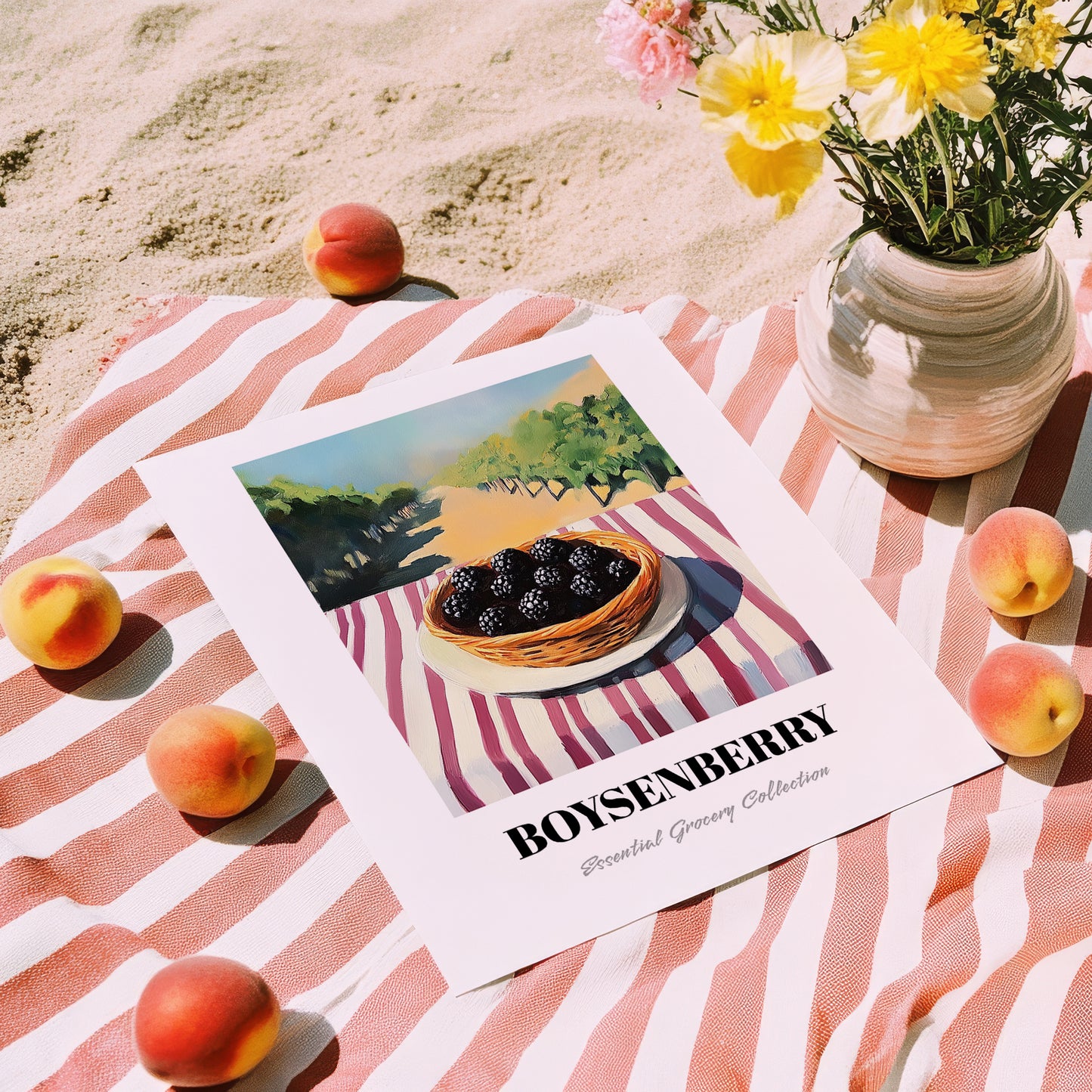 Boysenberry – Green Valley Landscape, Berries Poster, unframed on coastal sand