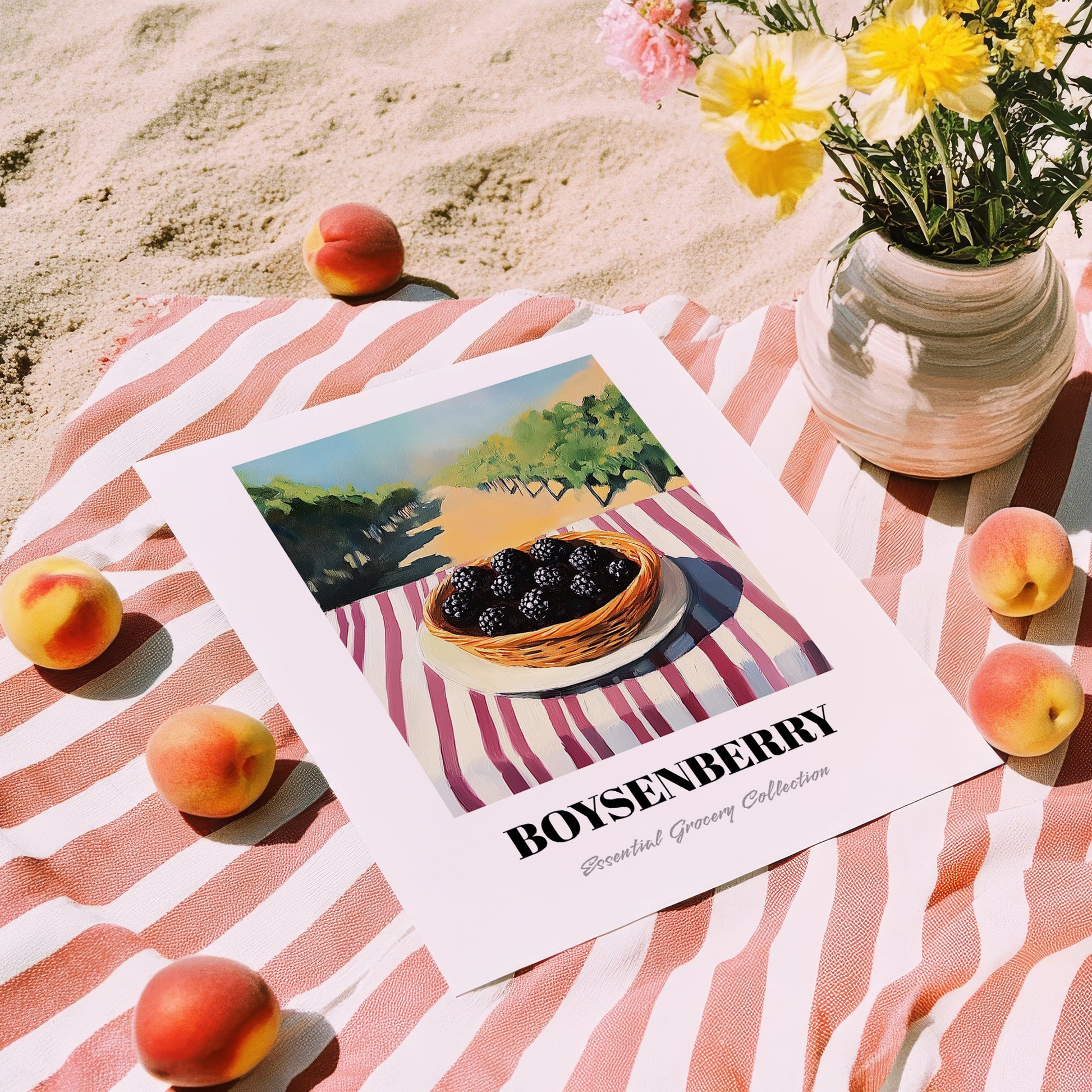 Boysenberry – Green Valley Landscape, Berries Poster, unframed on coastal sand