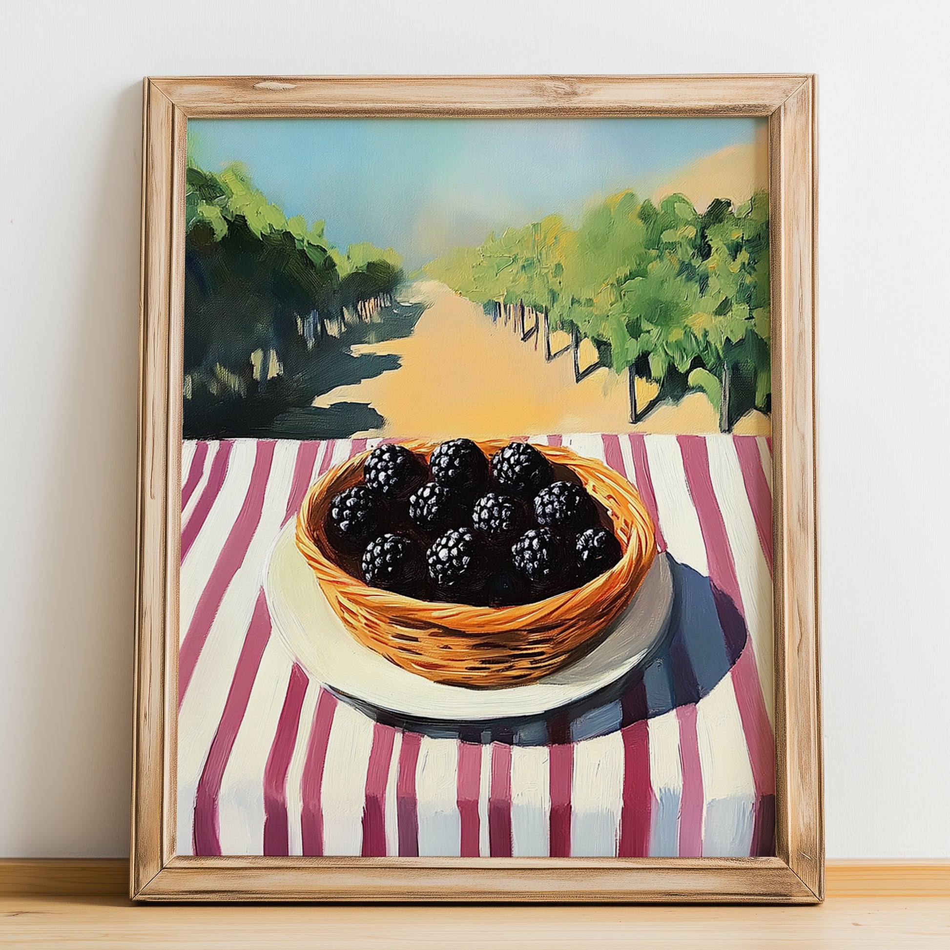Boysenberry – Green Valley Landscape, Berries Poster, no-text version framed in wood