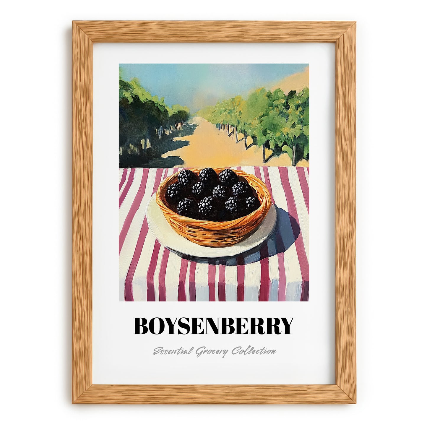 Boysenberry – Green Valley Landscape, Berries Poster, set in oak frame