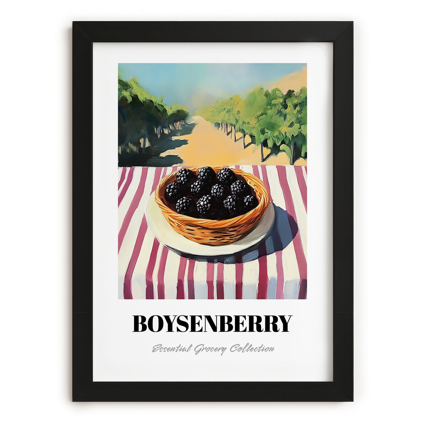 Boysenberry – Green Valley Landscape, Berries Poster, in sleek black frame