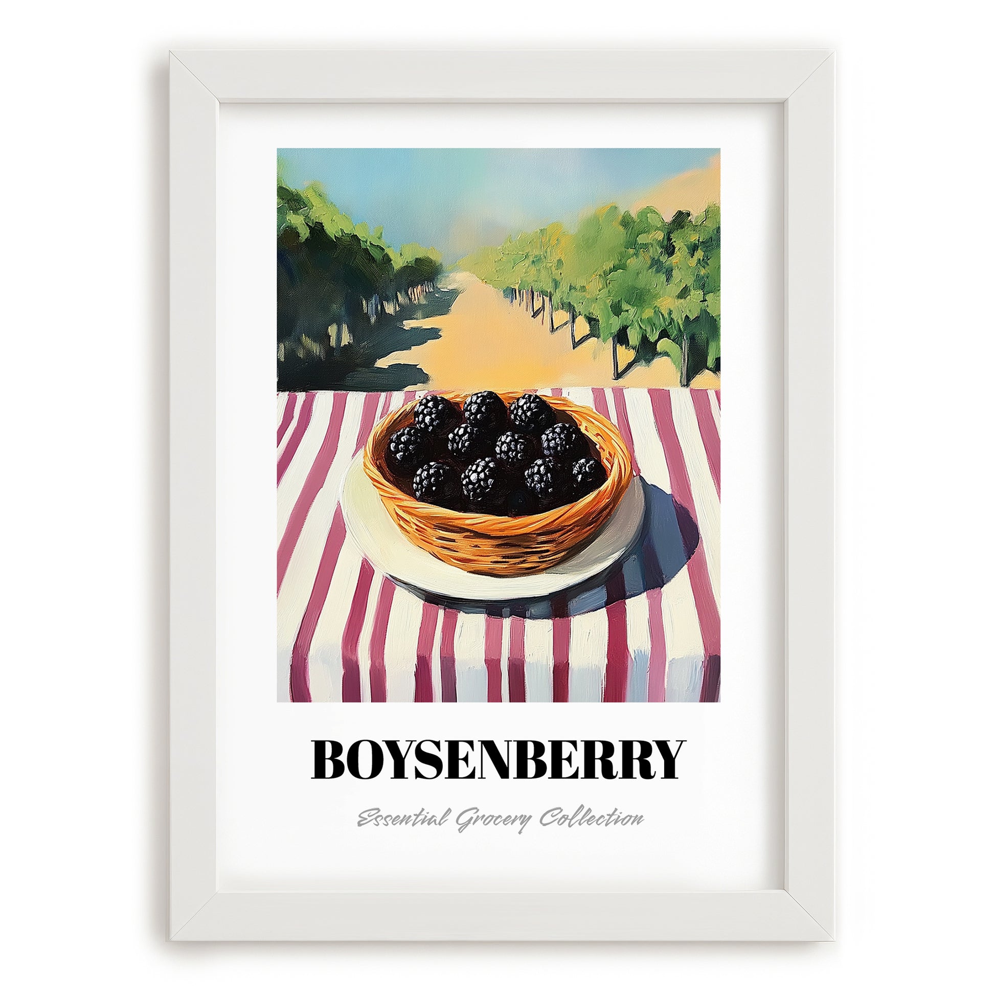 Boysenberry – Green Valley Landscape, Berries Poster, placed in minimal white frame