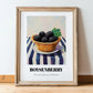 Boysenberry – on Striped Tablecloth, Berries Wall Decor, in wooden frame leaning on the floor