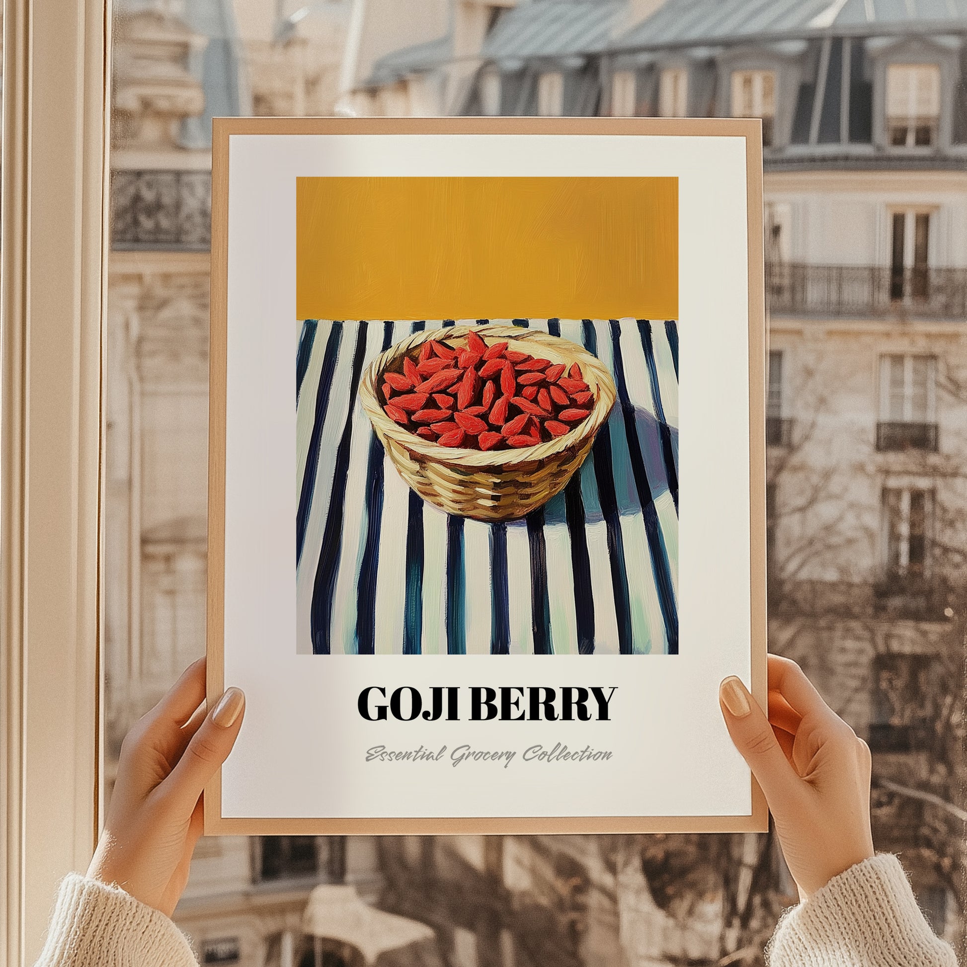 Goji – on Striped Tablecloth, Berries Wall Decor, styled in a charming Paris street view