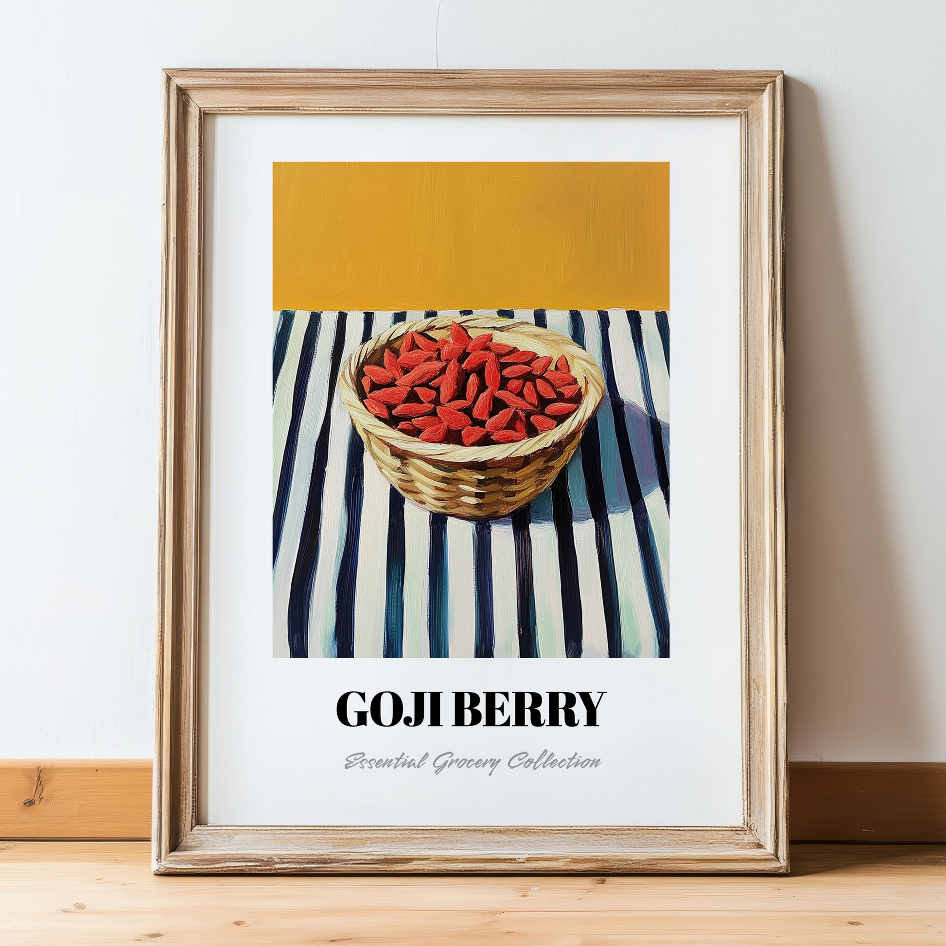 Goji – on Striped Tablecloth, Berries Wall Decor, in wooden frame leaning on the floor