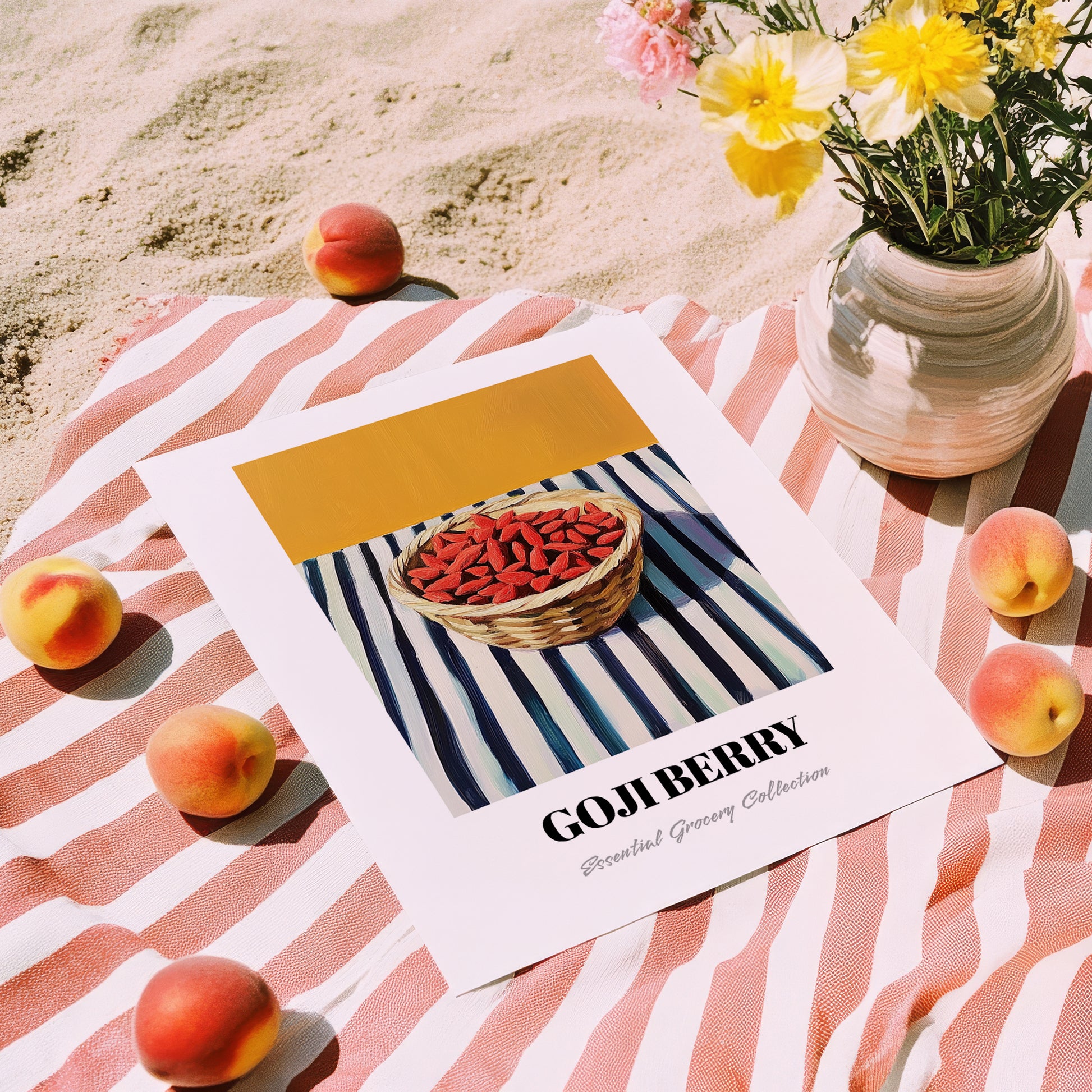 Goji – on Striped Tablecloth, Berries Wall Decor, unframed on coastal sand