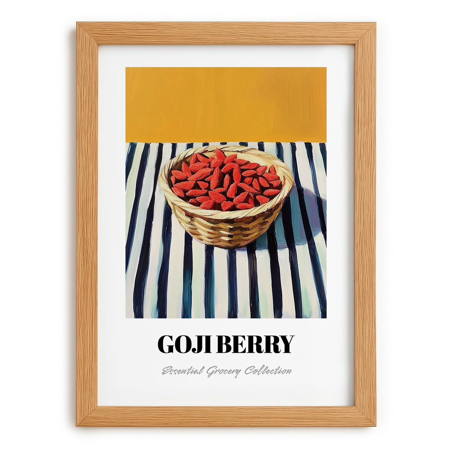 Goji – on Striped Tablecloth, Berries Wall Decor, set in oak frame