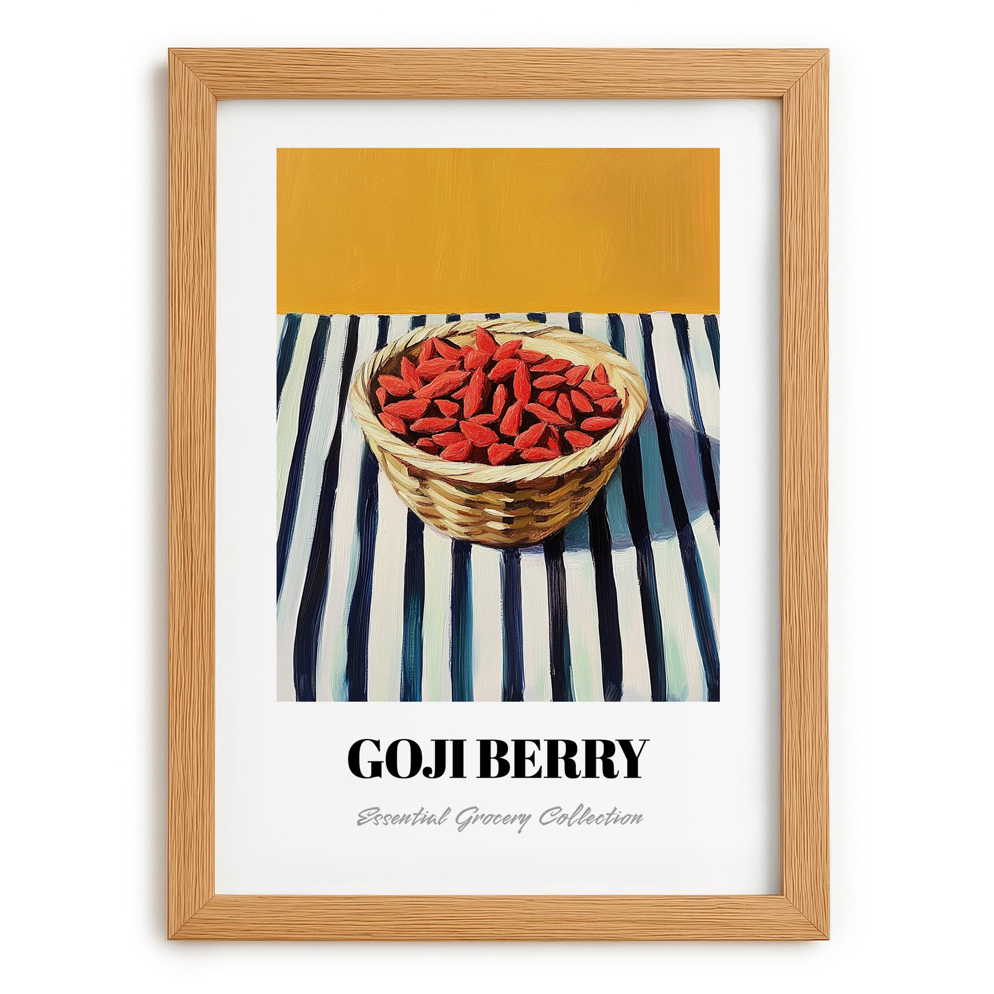 Goji – on Striped Tablecloth, Berries Wall Decor, set in oak frame