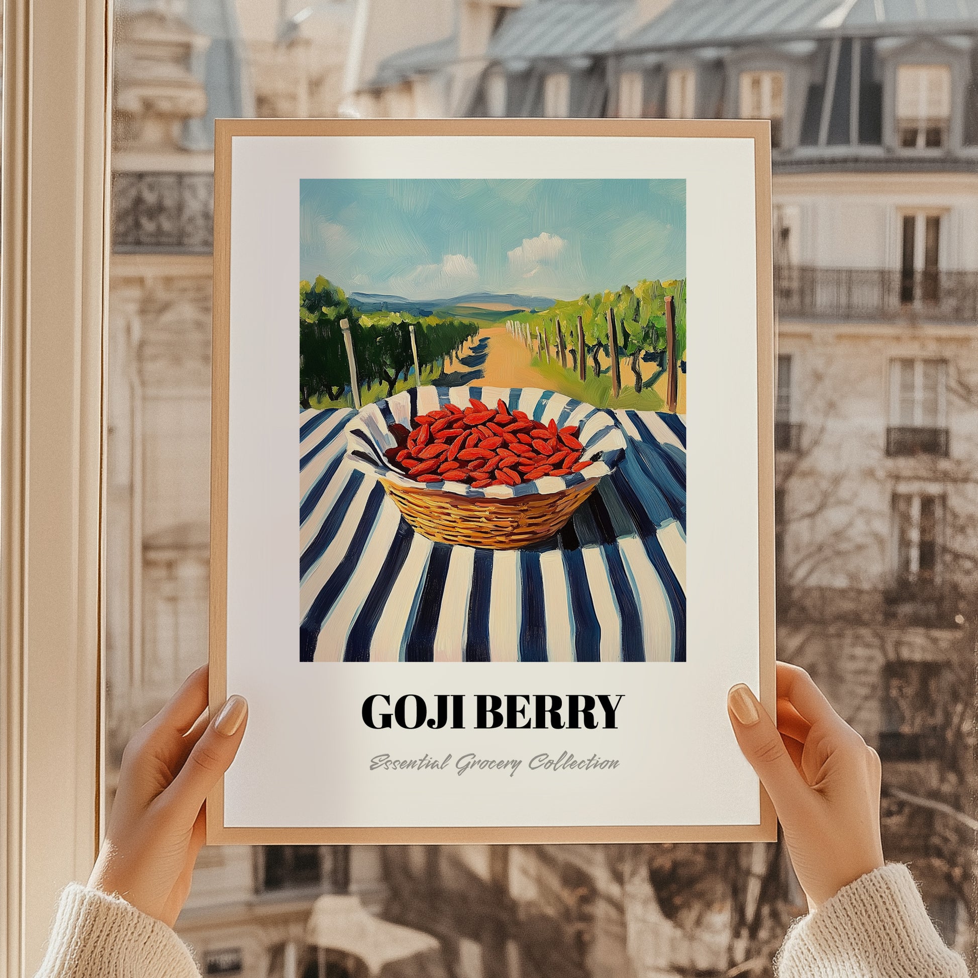 Goji – Green Valley Landscape, Berries Wall Art, styled in a charming Paris street view