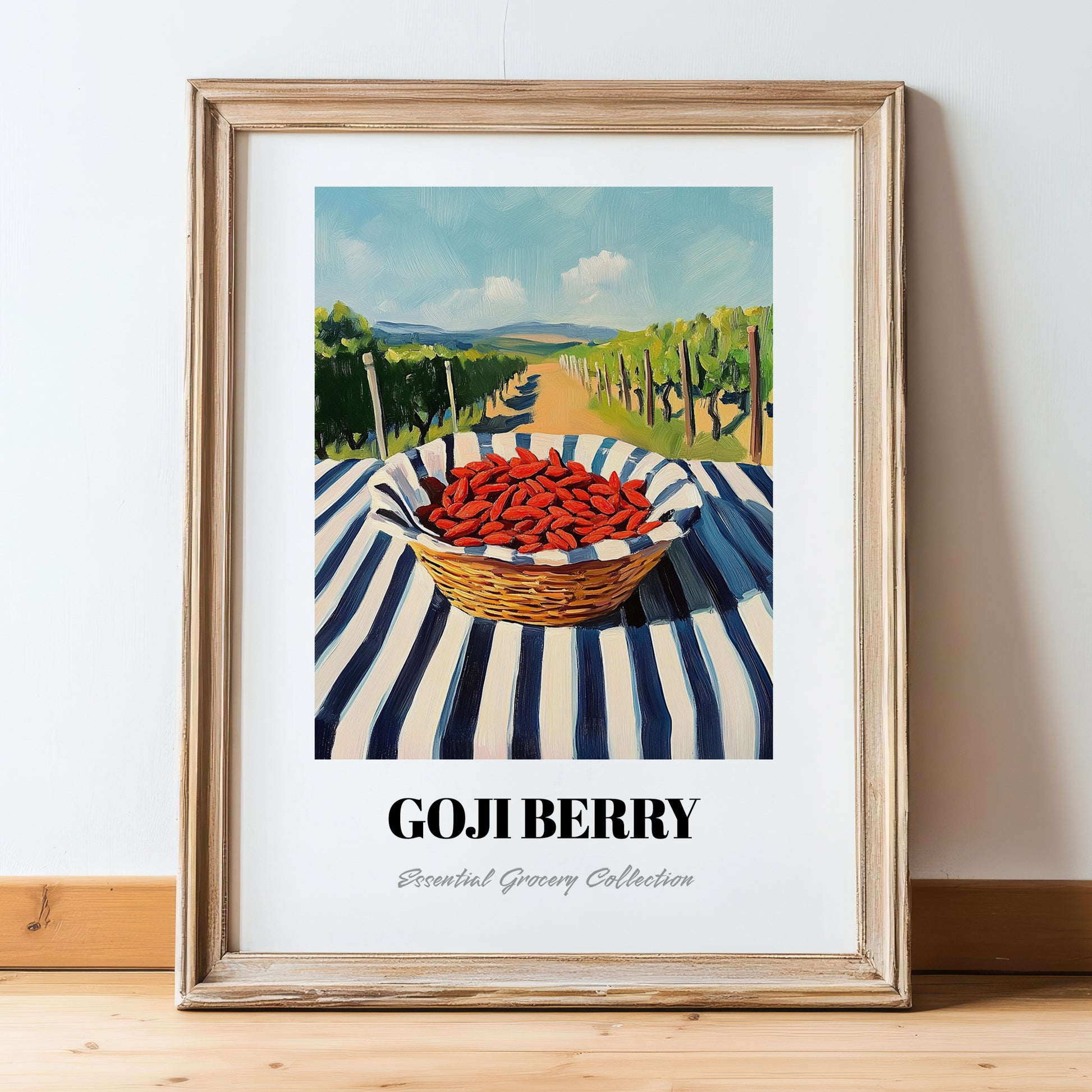Goji – Green Valley Landscape, Berries Wall Art, in wooden frame leaning on the floor