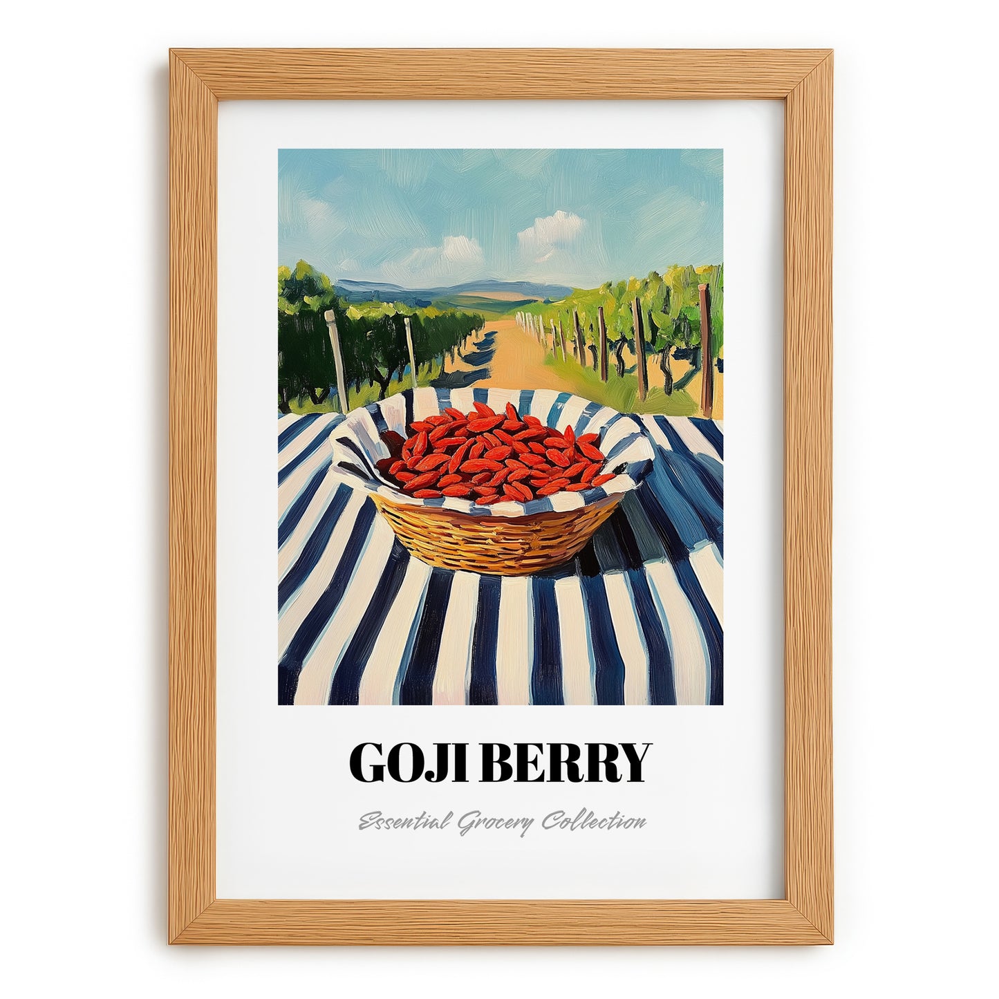Goji – Green Valley Landscape, Berries Wall Art, set in oak frame