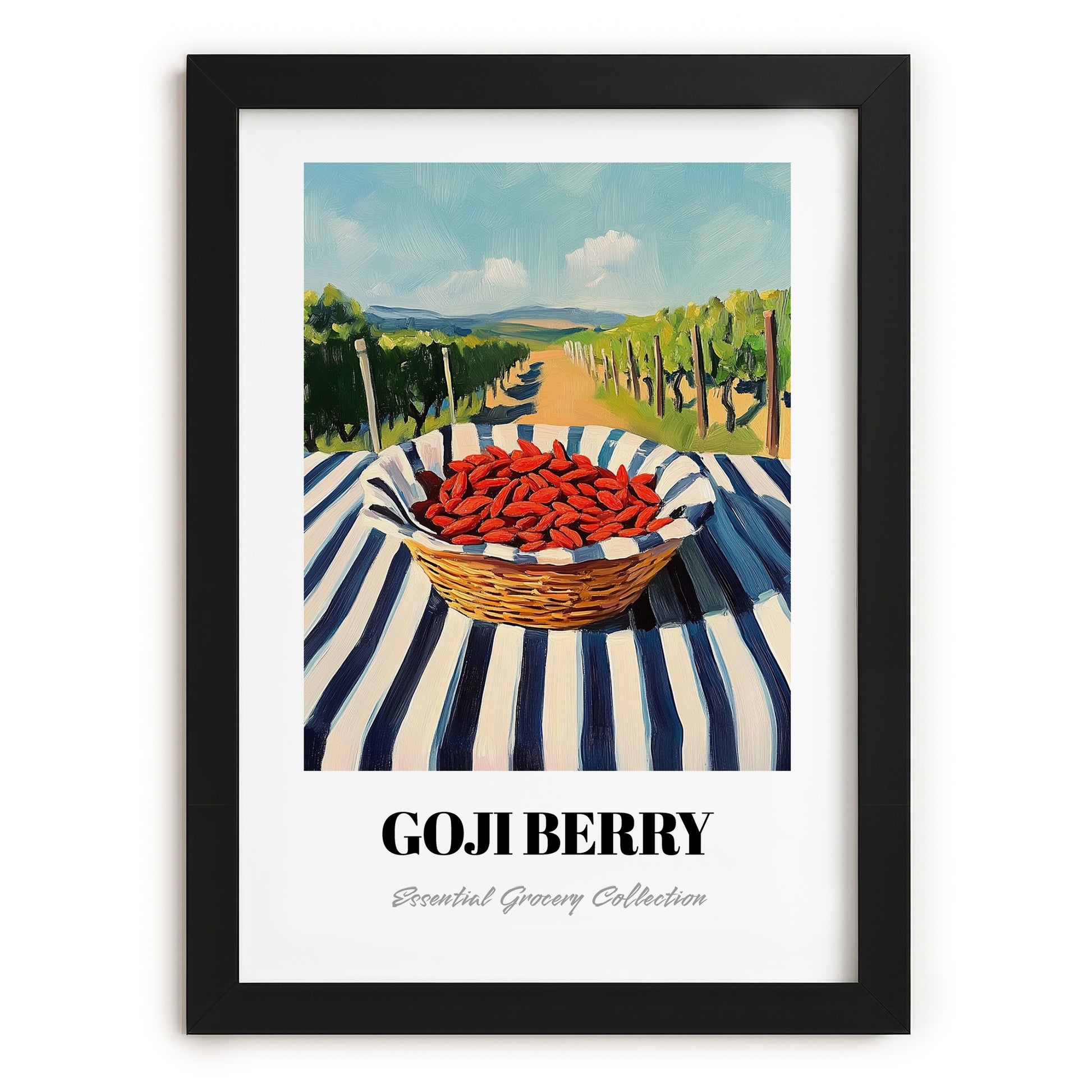 Goji – Green Valley Landscape, Berries Wall Art, in sleek black frame