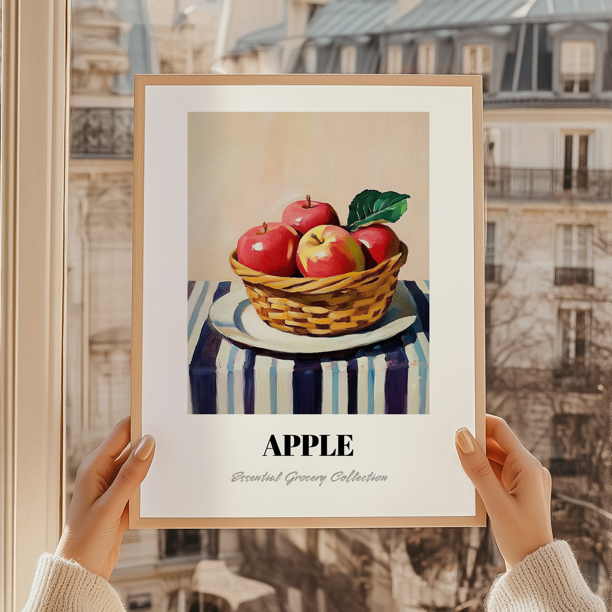Apple – on Striped Tablecloth, Fruit Painting, styled in a charming Paris street view