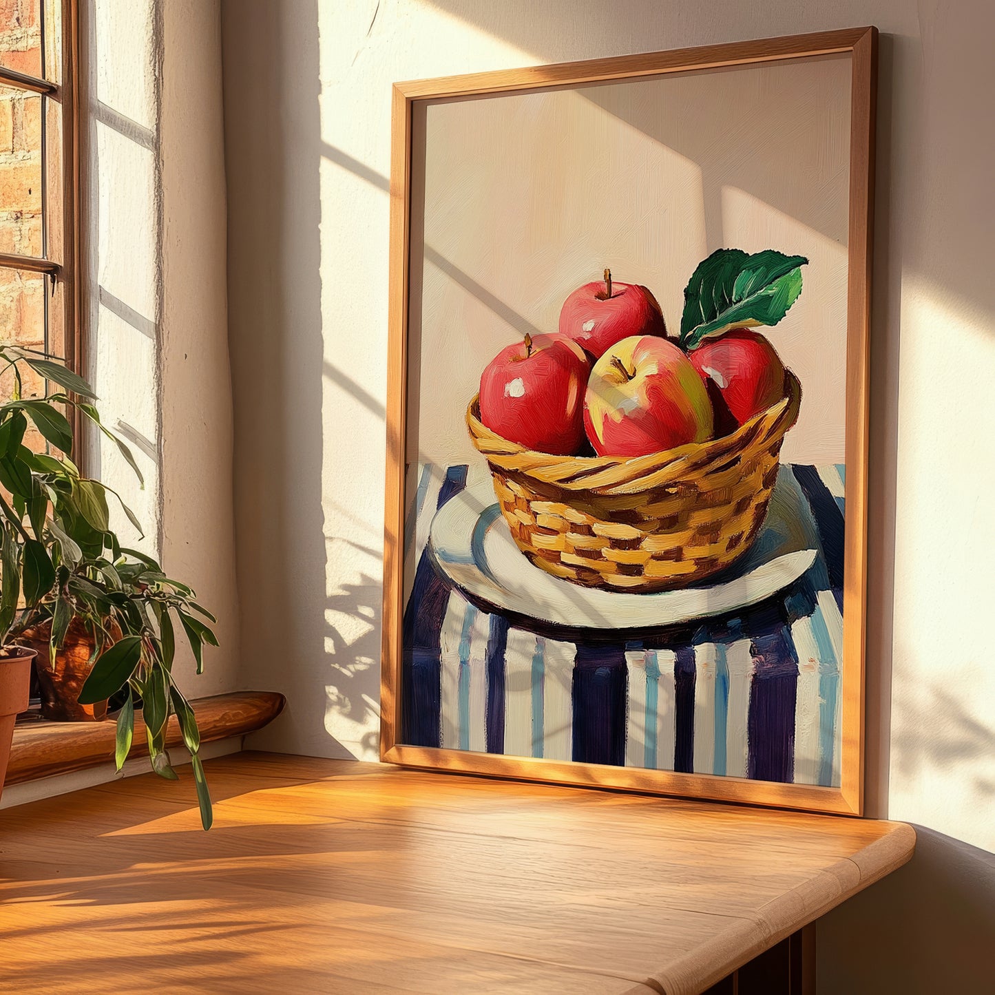 Apple – on Striped Tablecloth, Fruit Painting, clean layout with no caption