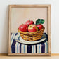 Apple – on Striped Tablecloth, Fruit Painting, no-text version framed in wood