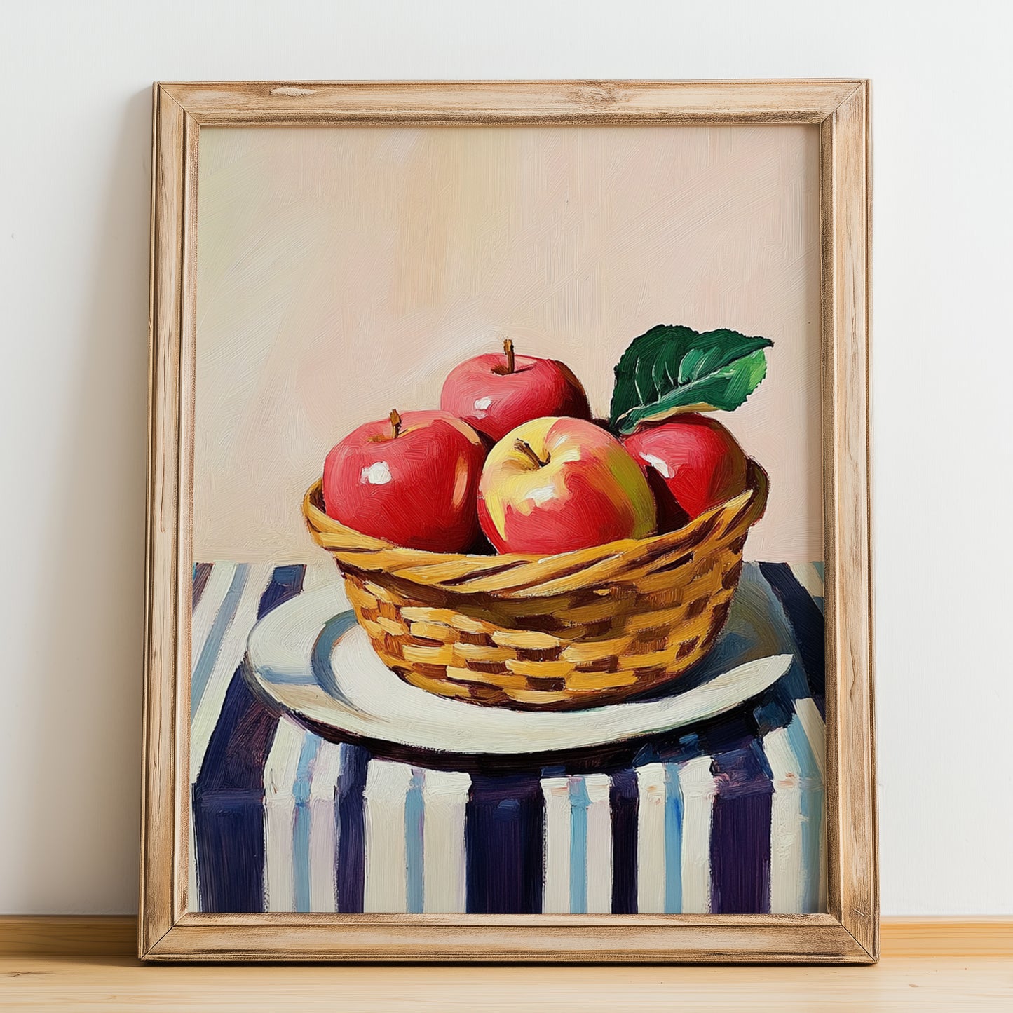 Apple – on Striped Tablecloth, Fruit Painting, no-text version framed in wood