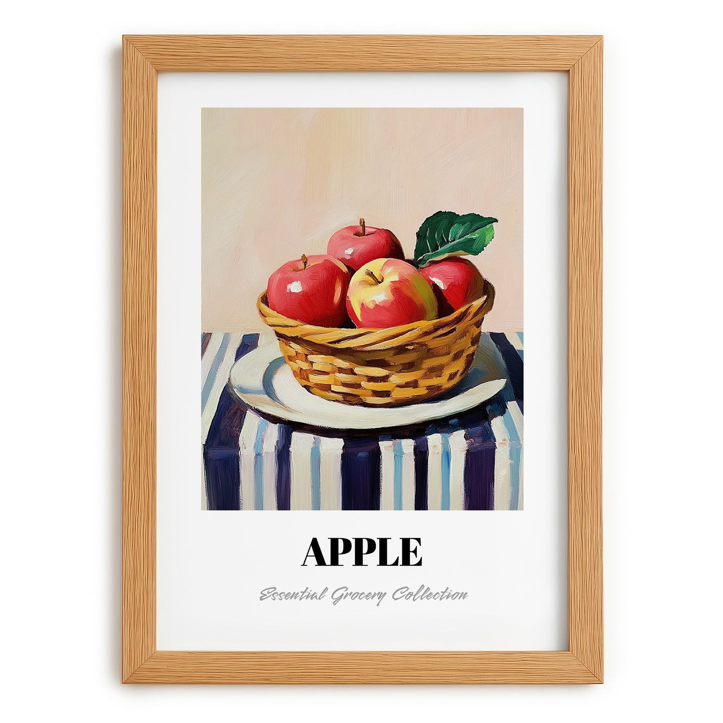 Apple – on Striped Tablecloth, Fruit Painting, set in oak frame