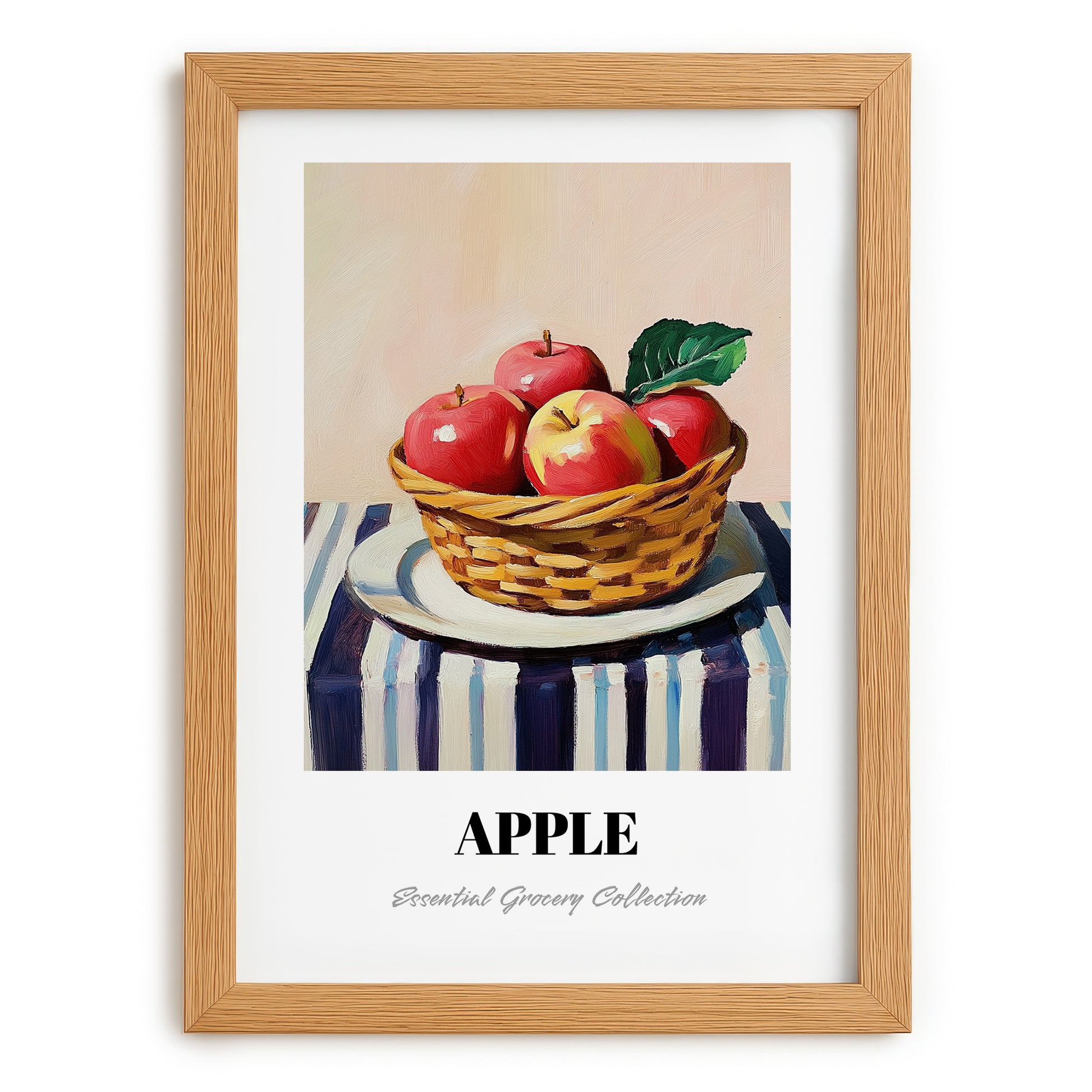 Apple – on Striped Tablecloth, Fruit Painting, set in oak frame