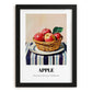 Apple – on Striped Tablecloth, Fruit Painting, in sleek black frame