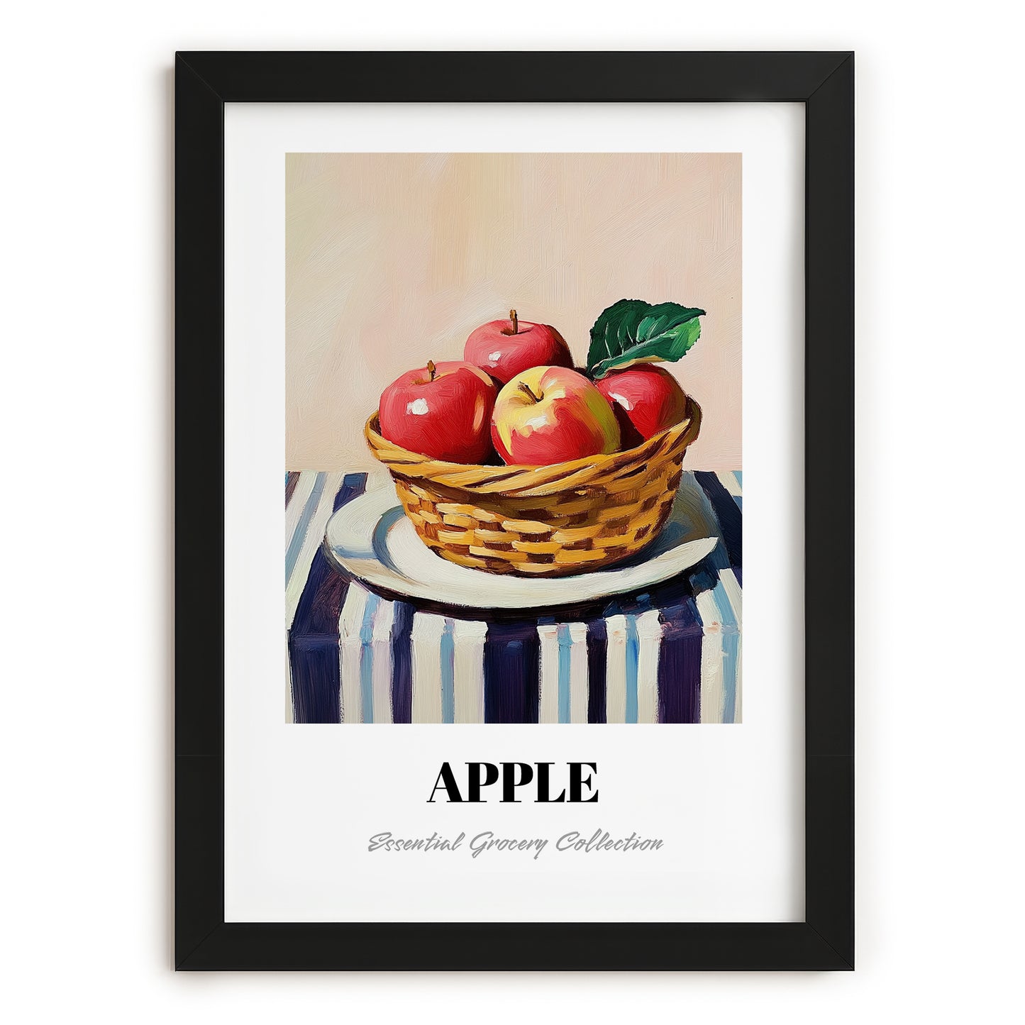 Apple – on Striped Tablecloth, Fruit Painting, in sleek black frame