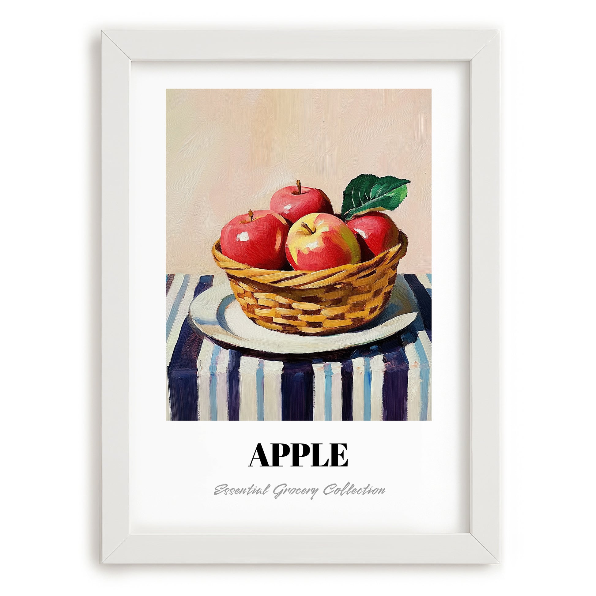 Apple – on Striped Tablecloth, Fruit Painting, placed in minimal white frame