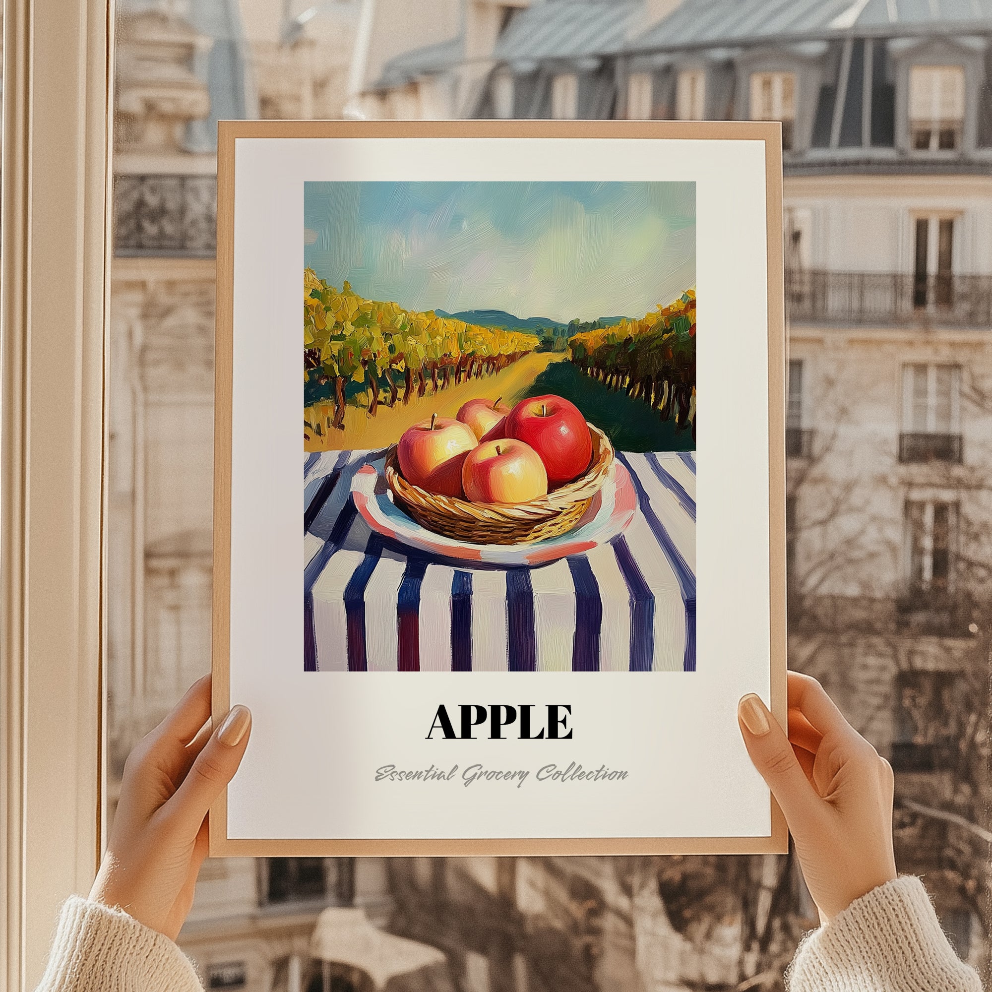 Apple – Valley Café Scene, Fruit Illustration, styled in a charming Paris street view