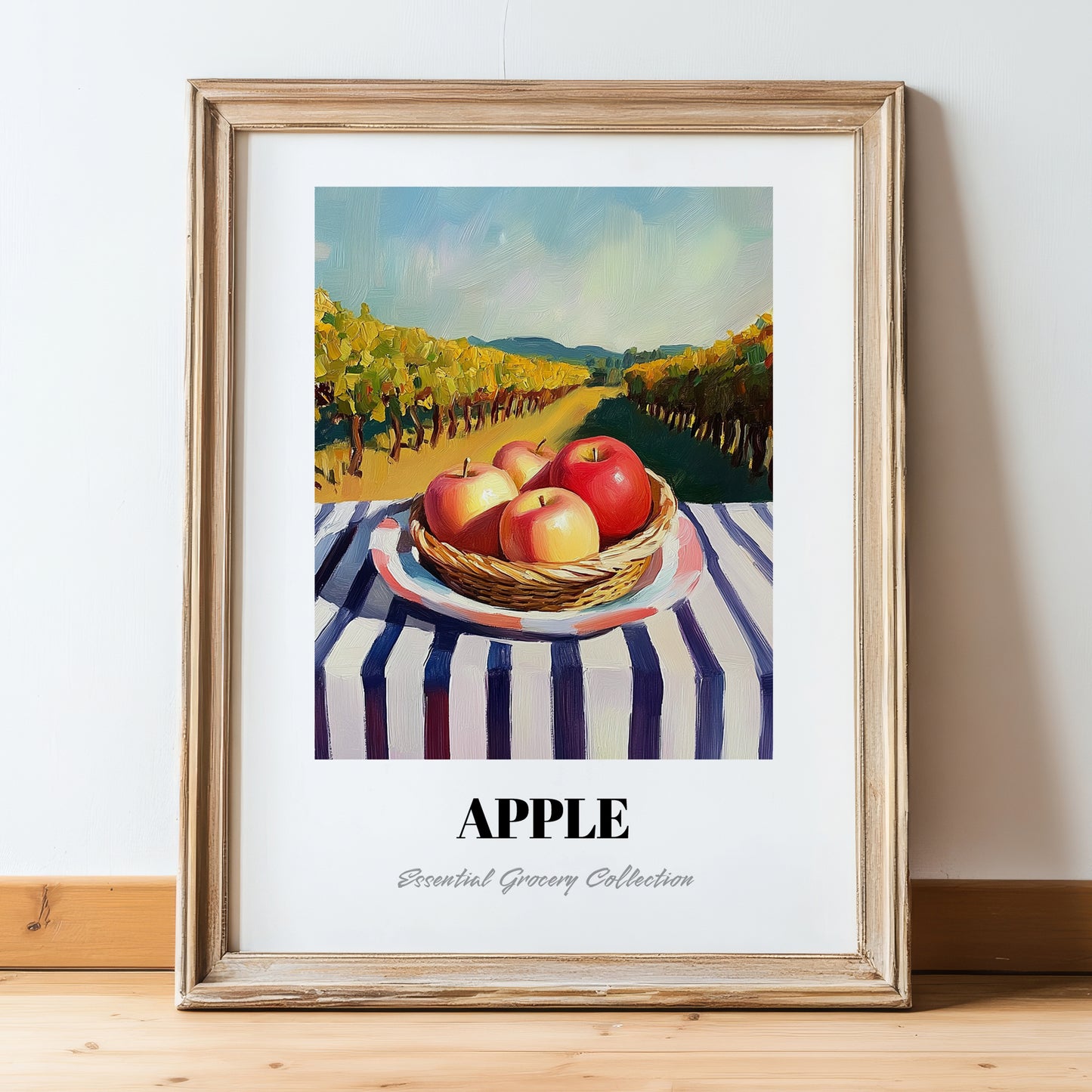 Apple – Valley Café Scene, Fruit Illustration, in wooden frame leaning on the floor