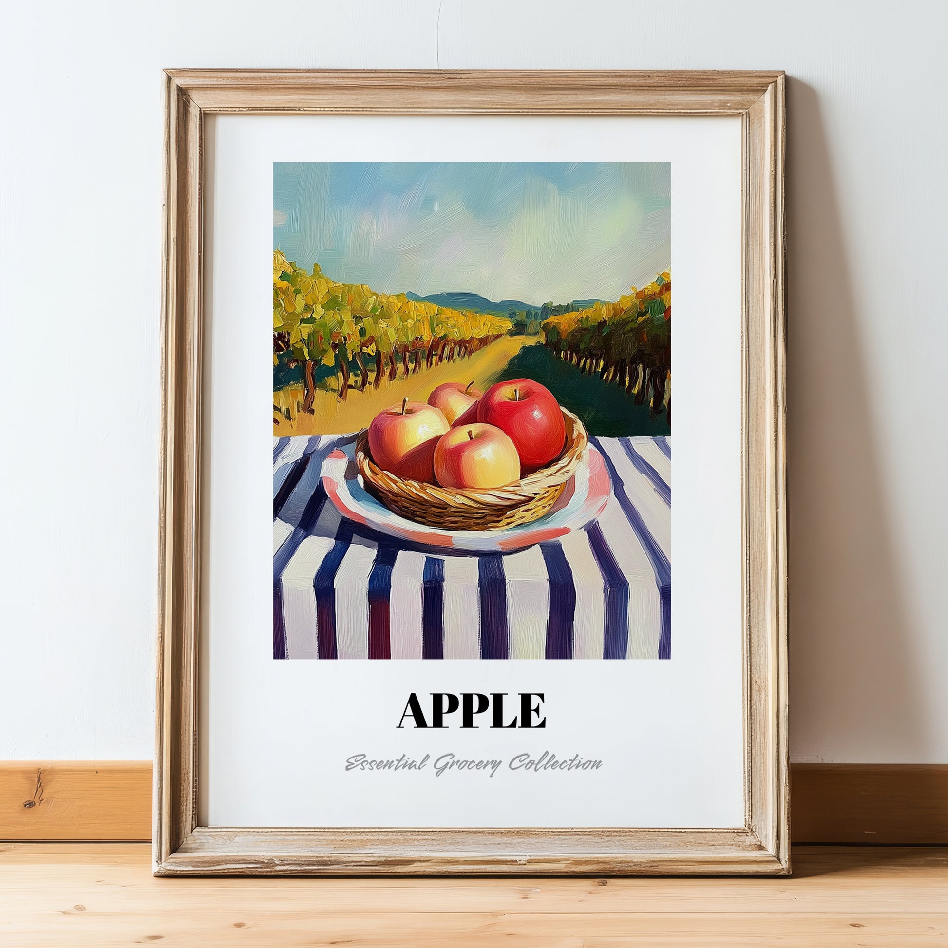 Apple – Valley Café Scene, Fruit Illustration, in wooden frame leaning on the floor