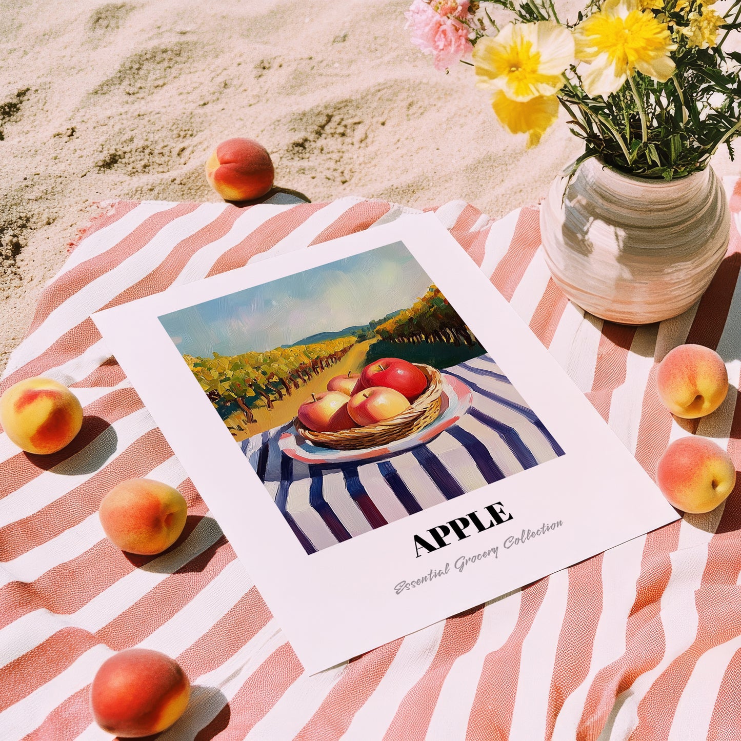 Apple – Valley Café Scene, Fruit Illustration, unframed on coastal sand