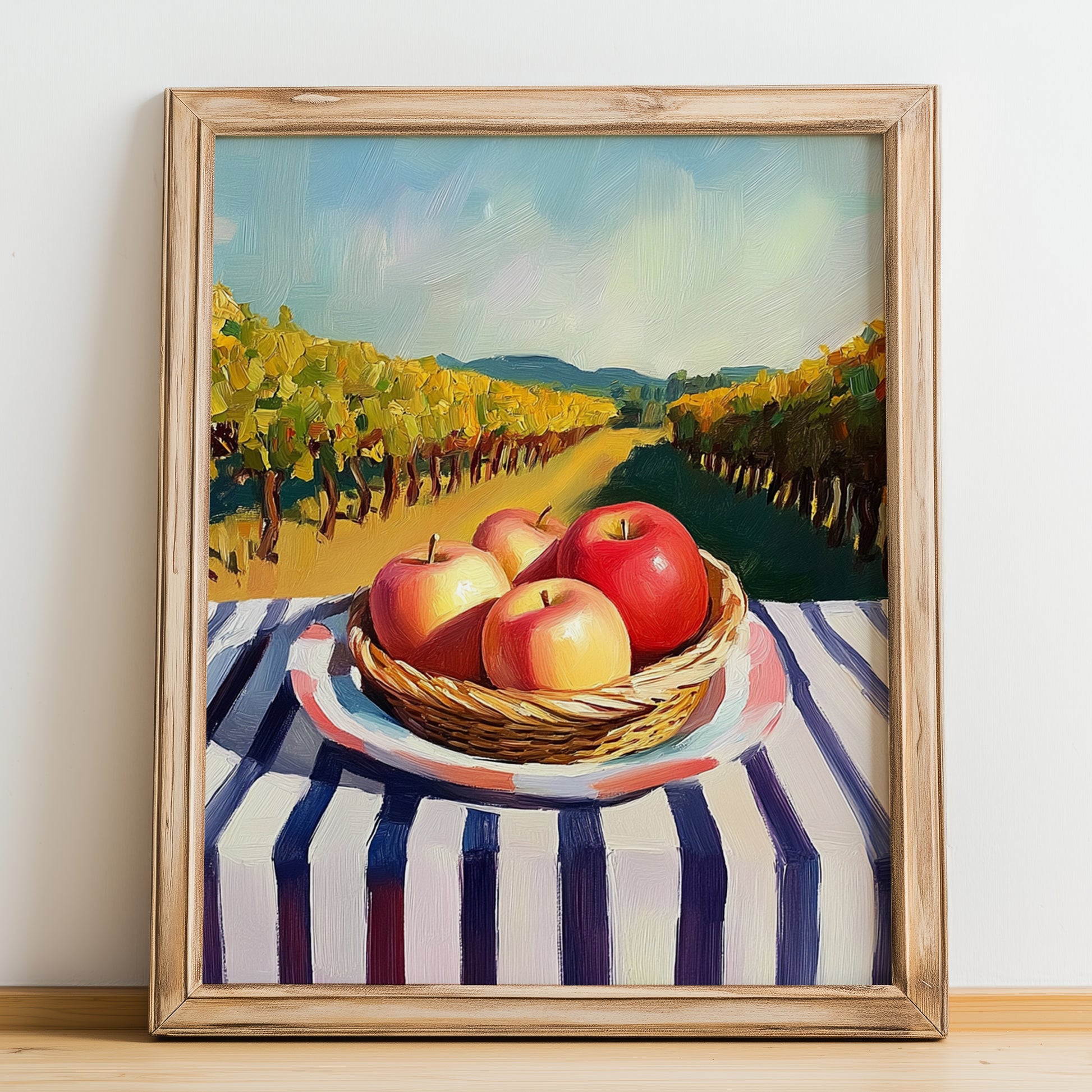 Apple – Valley Café Scene, Fruit Illustration, no-text version framed in wood