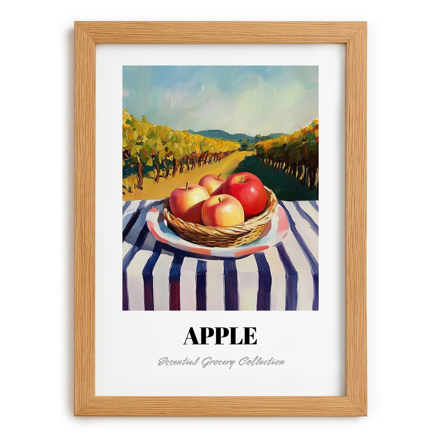 Apple – Valley Café Scene, Fruit Illustration, set in oak frame
