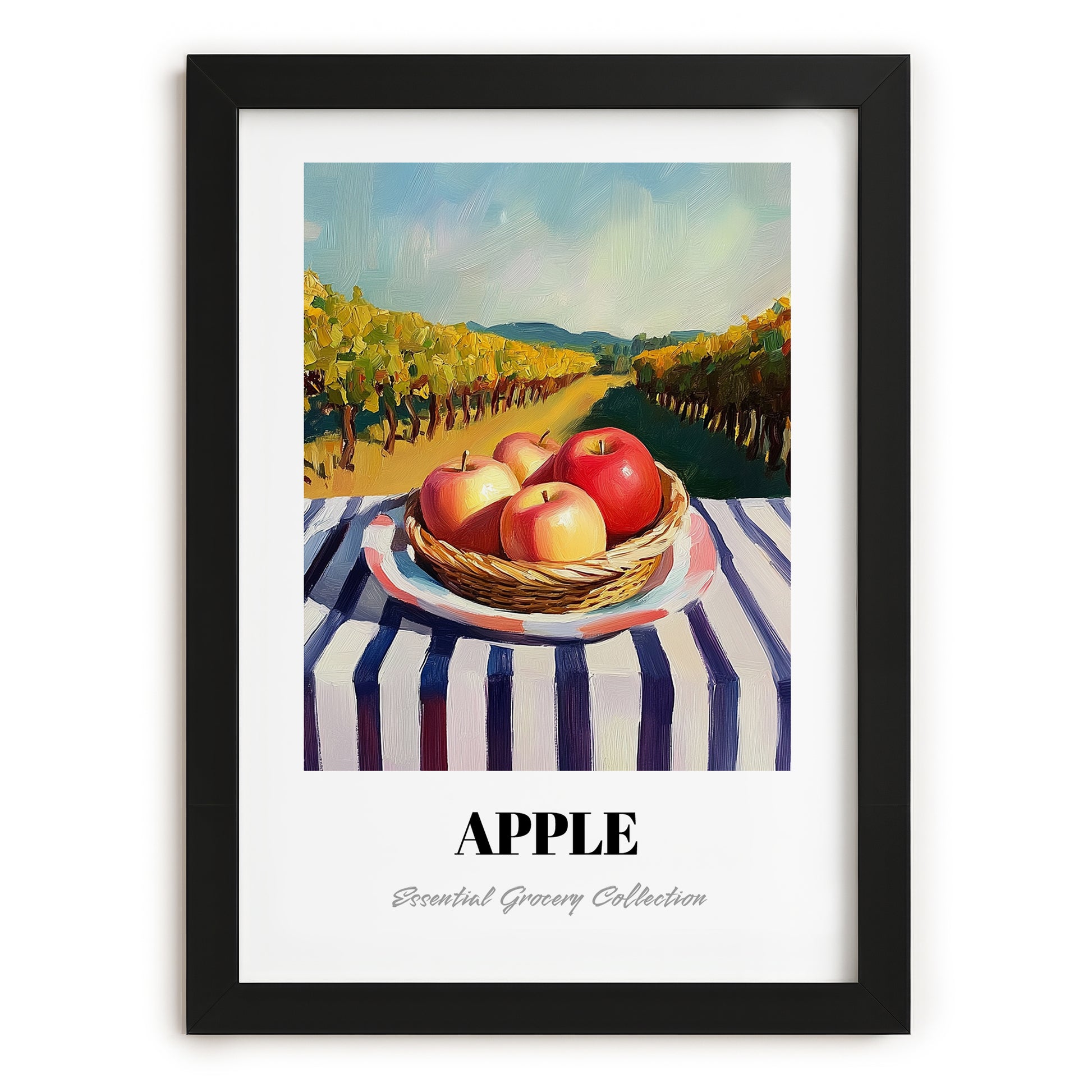 Apple – Valley Café Scene, Fruit Illustration, in sleek black frame